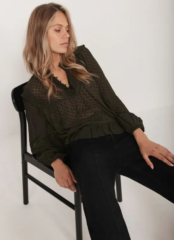 Khaki Jacquard Ruffle Detail Blouse sold by Mint Velvet