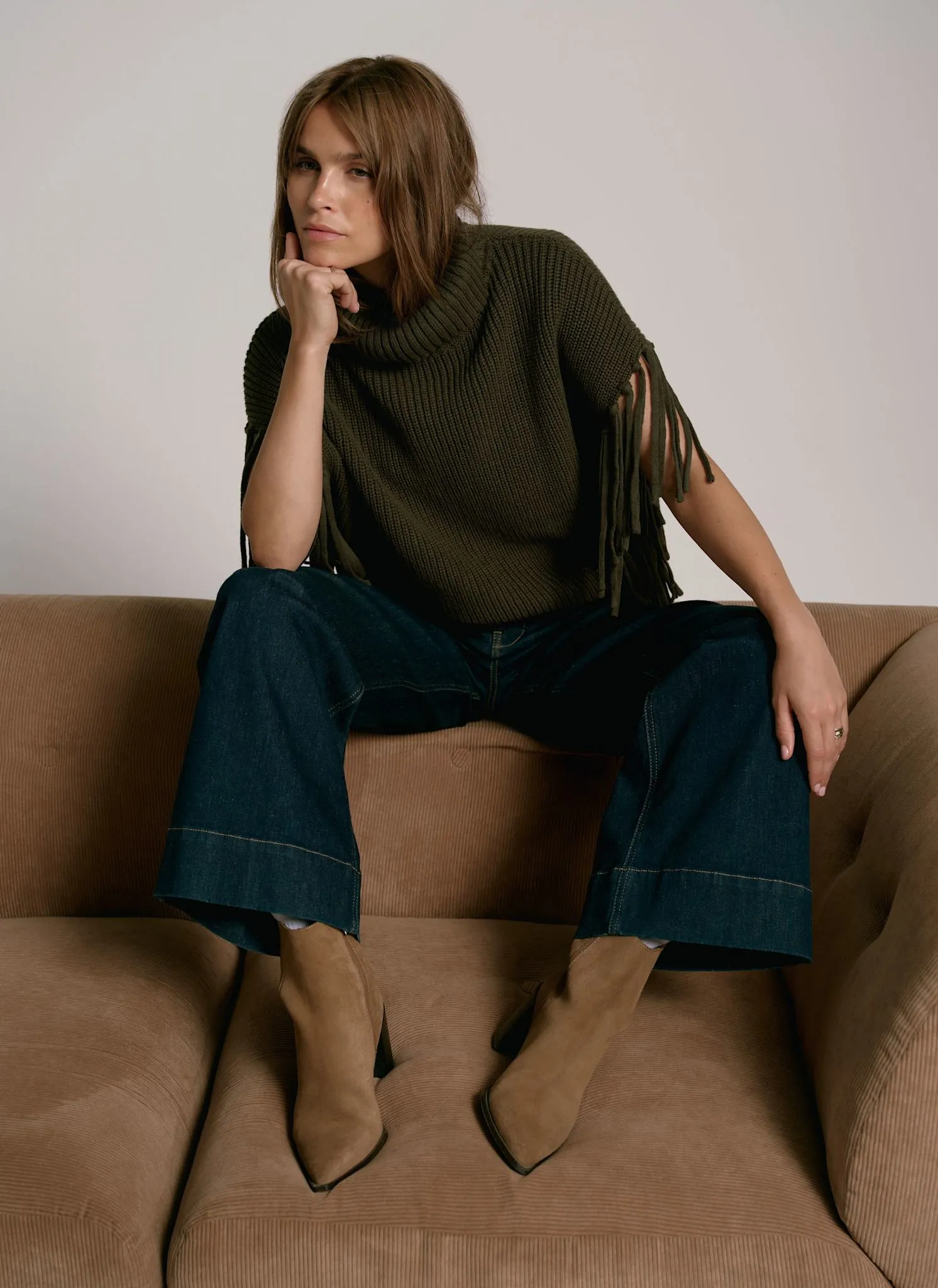 Green Fringed Knit Poncho sold by Mint Velvet