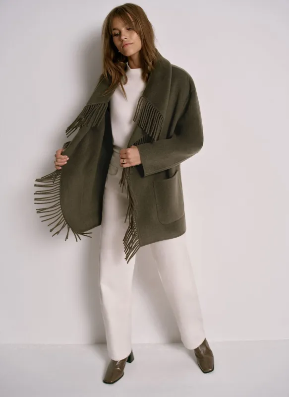 Khaki Wool Blend Hand Finished Tassel Coat sold by Mint Velvet