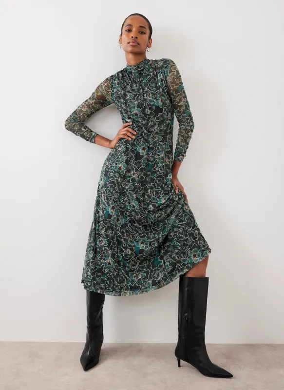 Green Floral Print Mesh Midi Dress sold by Mint Velvet