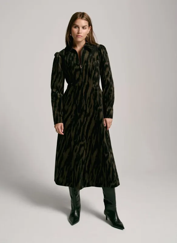 Khaki Zebra Print Corduroy Midi Dress sold by Mint Velvet