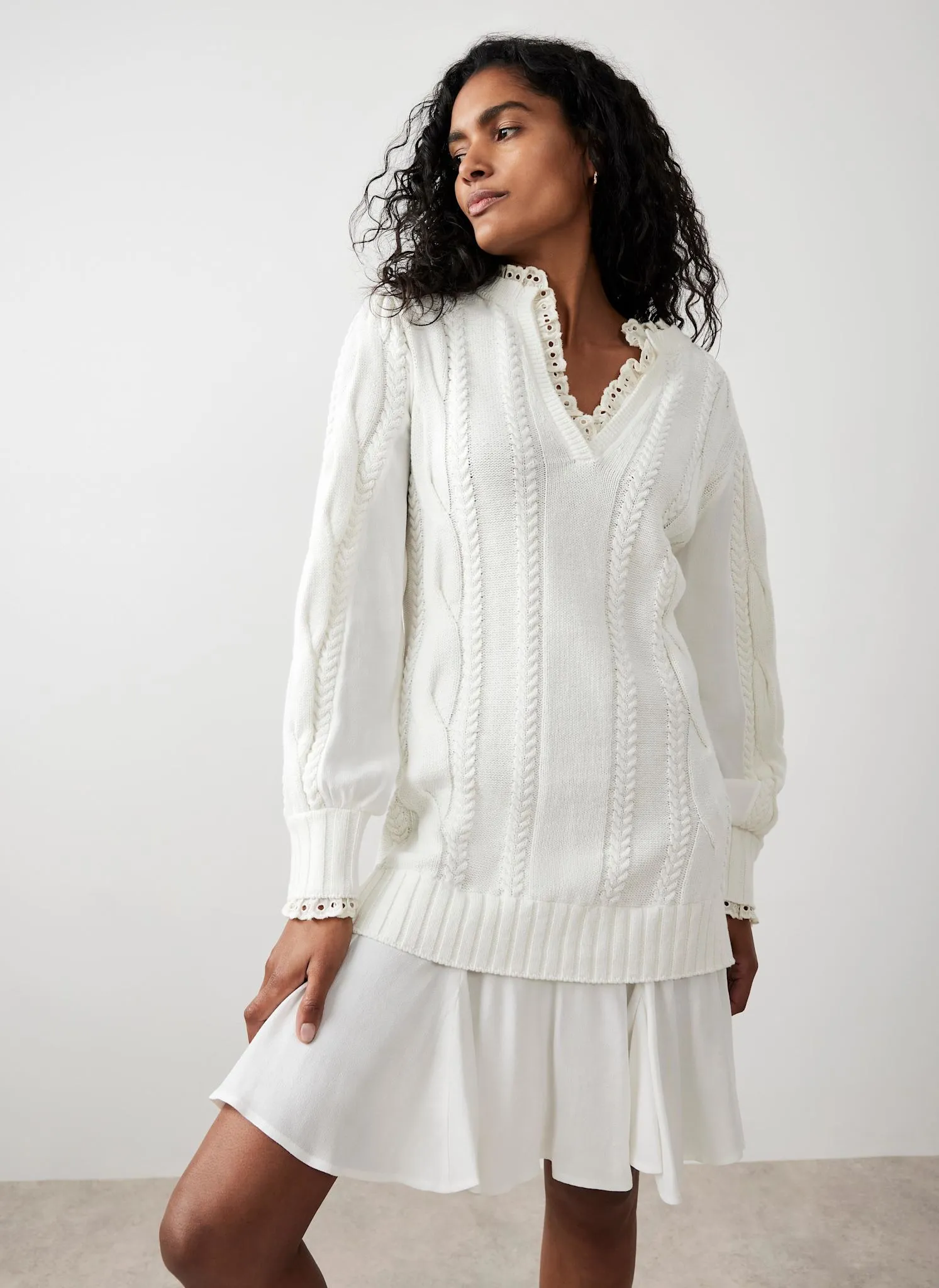 White Cable Knit Gathered Hem Mini Dress sold by Mint Velvet
