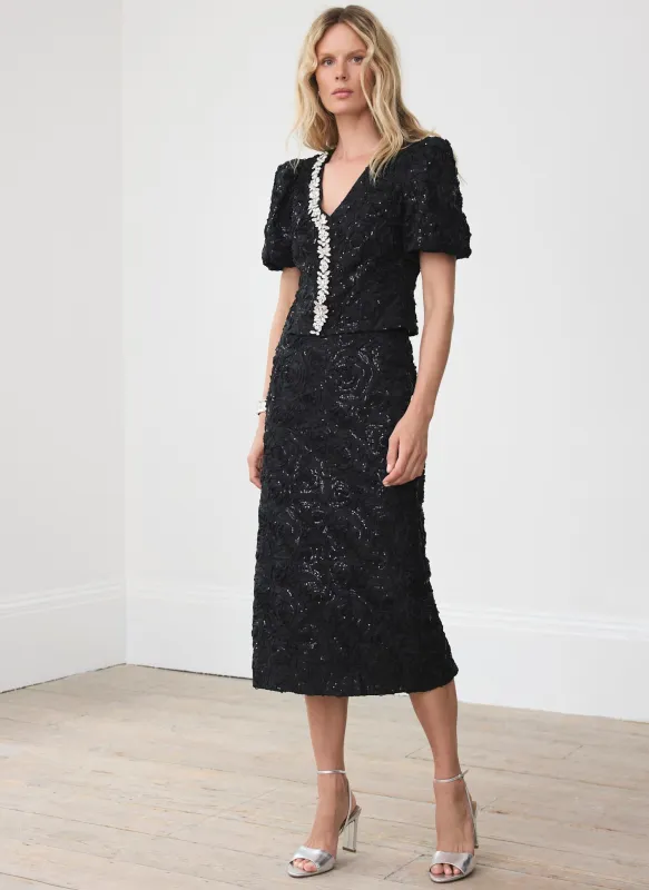 Black Sequin Midi Skirt sold by Mint Velvet