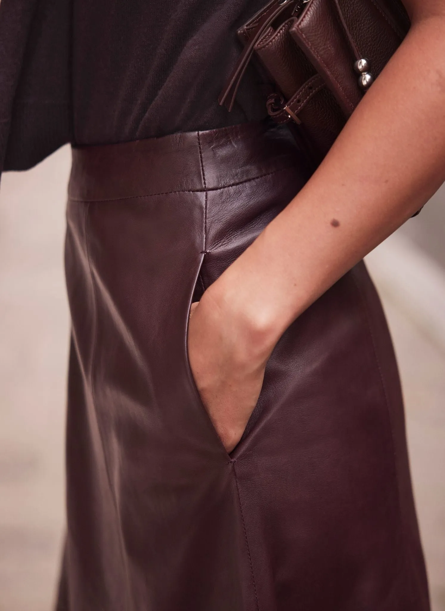 Burgundy Leather Midi Skirt sold by Mint Velvet product image thumbnail 4