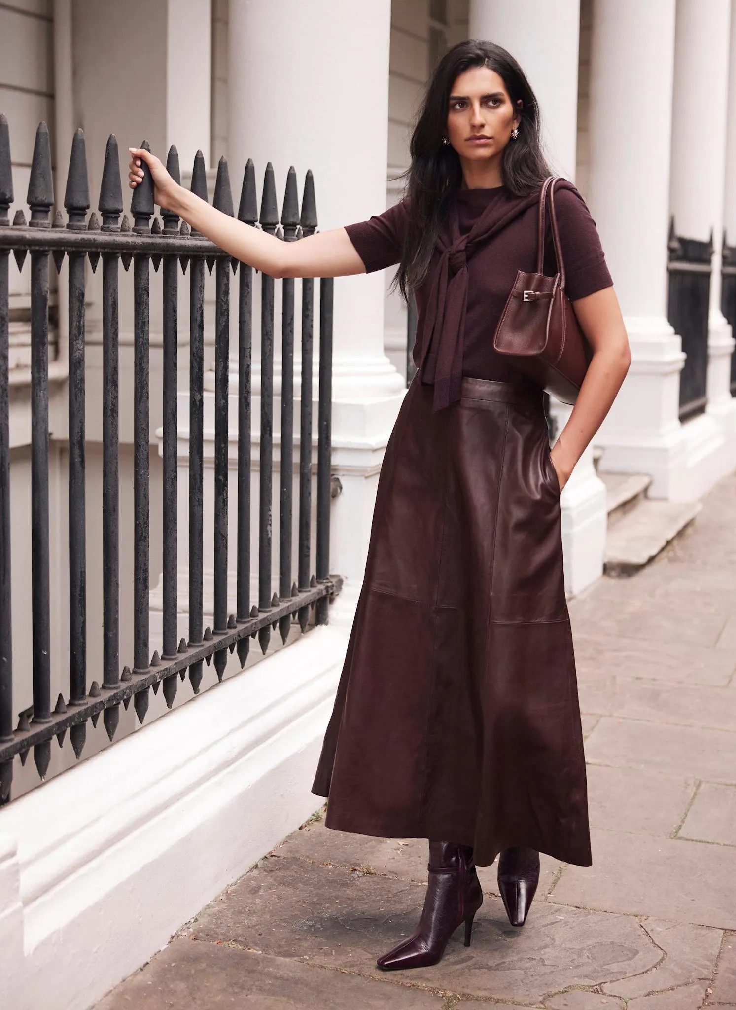 Burgundy Leather Midi Skirt sold by Mint Velvet