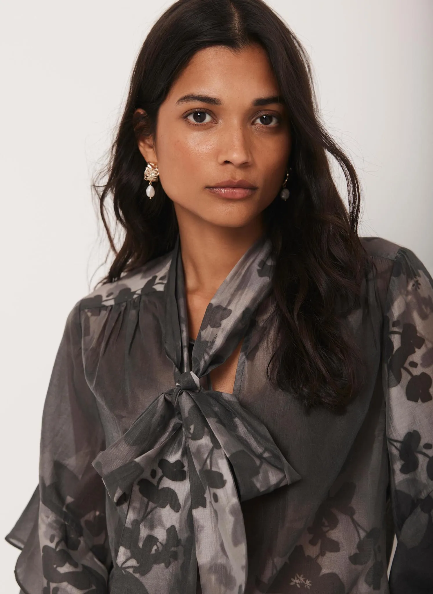 Black Floral Tie Neck Blouse sold by Mint Velvet product image thumbnail 5