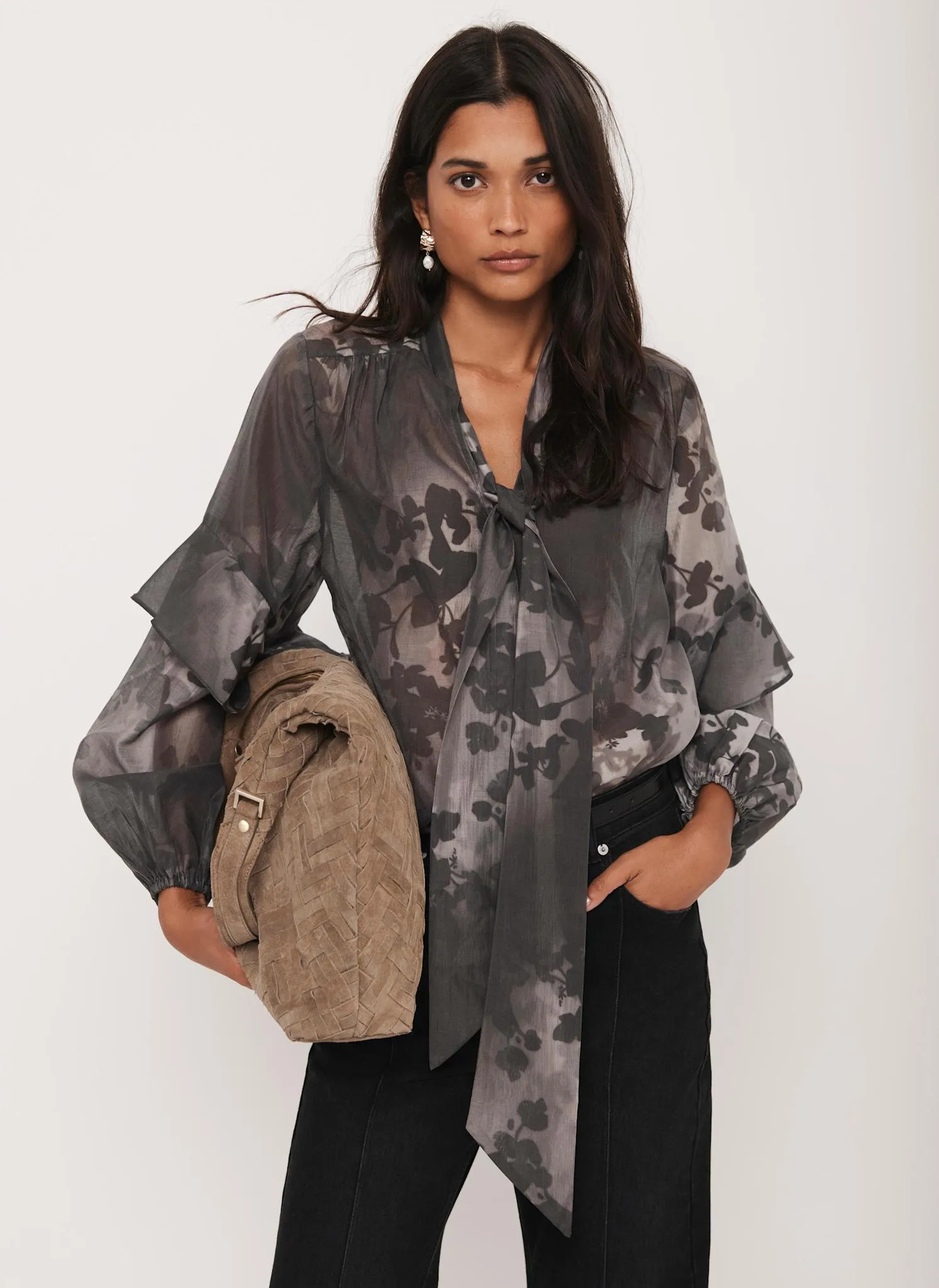 Black Floral Tie Neck Blouse sold by Mint Velvet