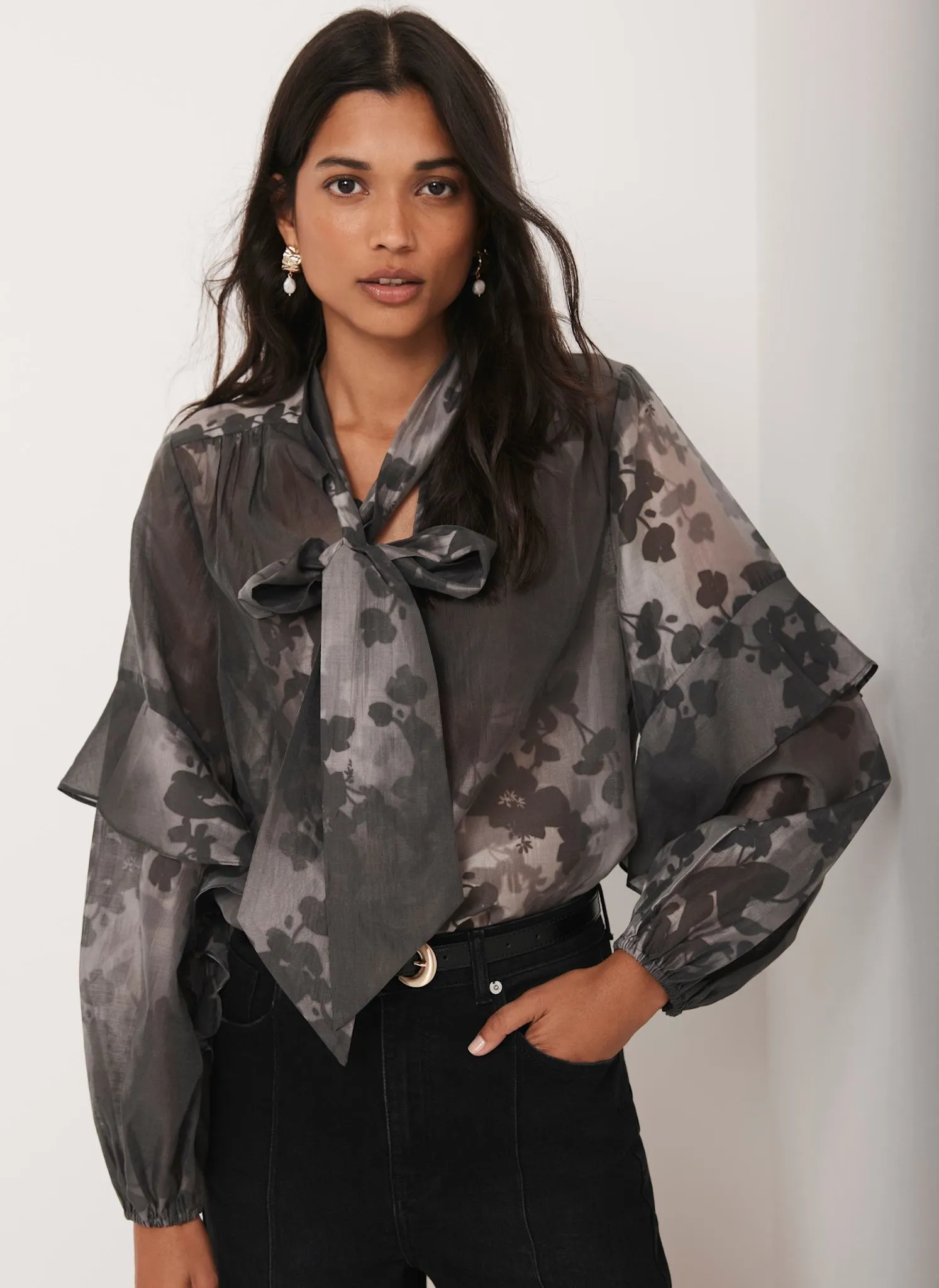 Black Floral Tie Neck Blouse sold by Mint Velvet product image thumbnail 4