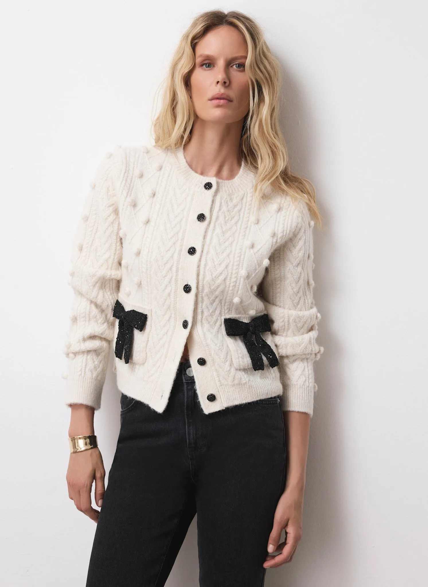Cream Bow Detail Wool Blend Cardigan sold by Mint Velvet