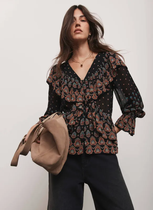 Black Boho Print Ruffle Blouse sold by Mint Velvet