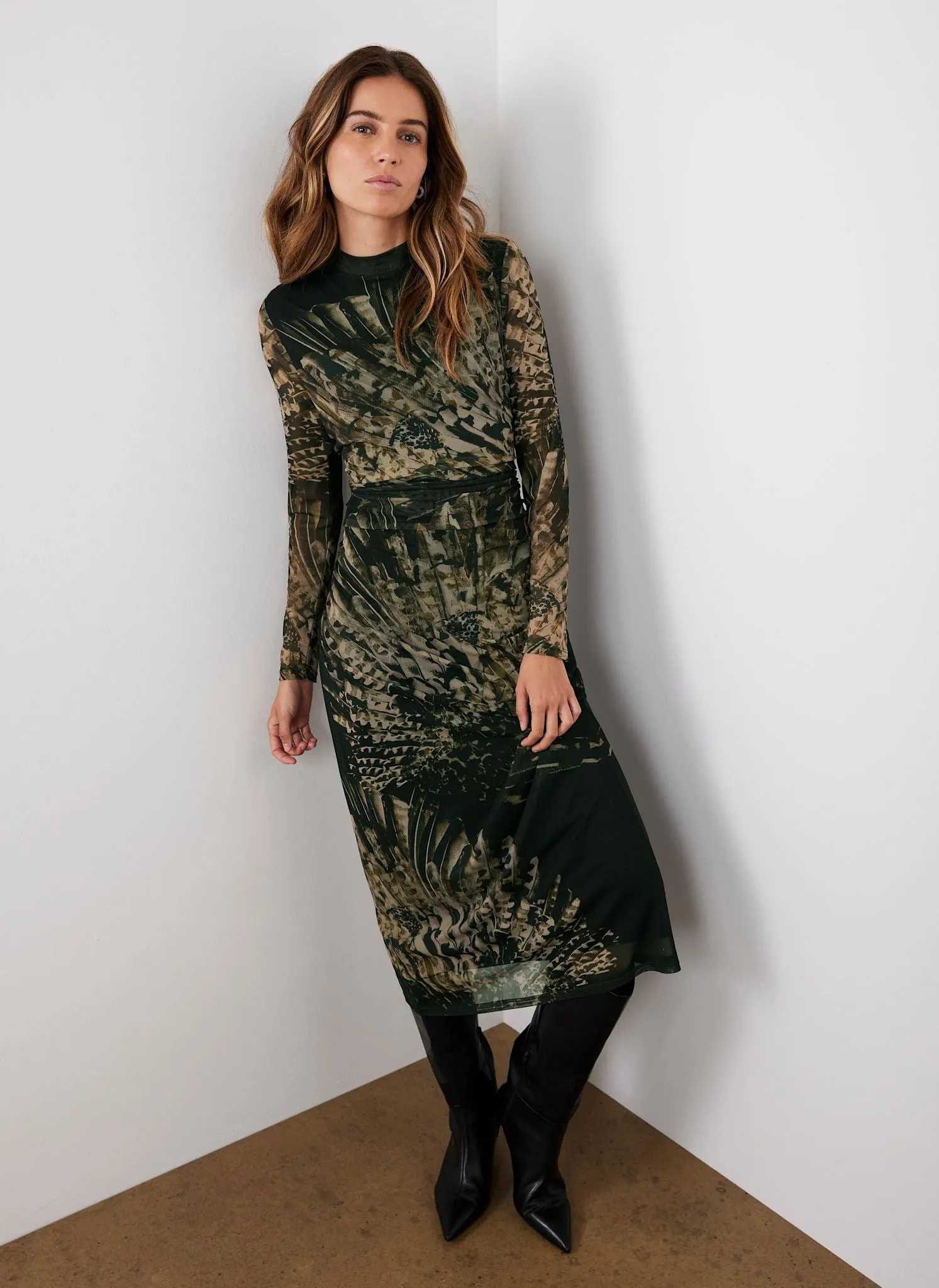 Black Feather Print Mesh Midi Dress sold by Mint Velvet