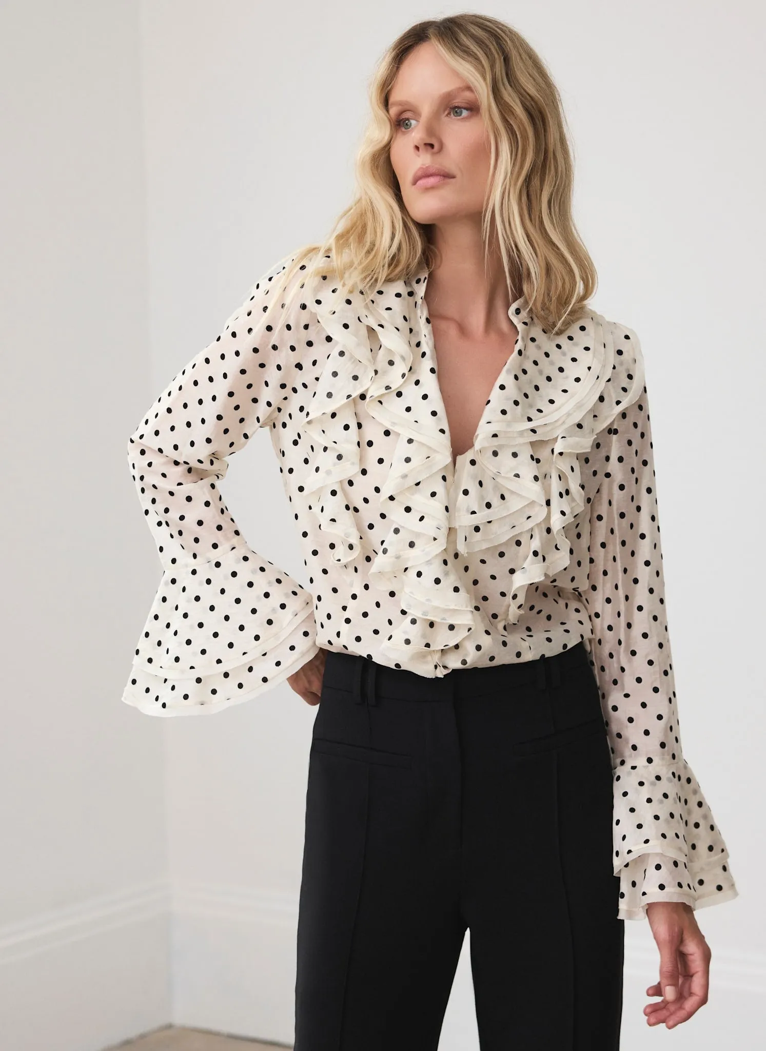 Neutral Polka Dot Ruffle Blouse sold by Mint Velvet