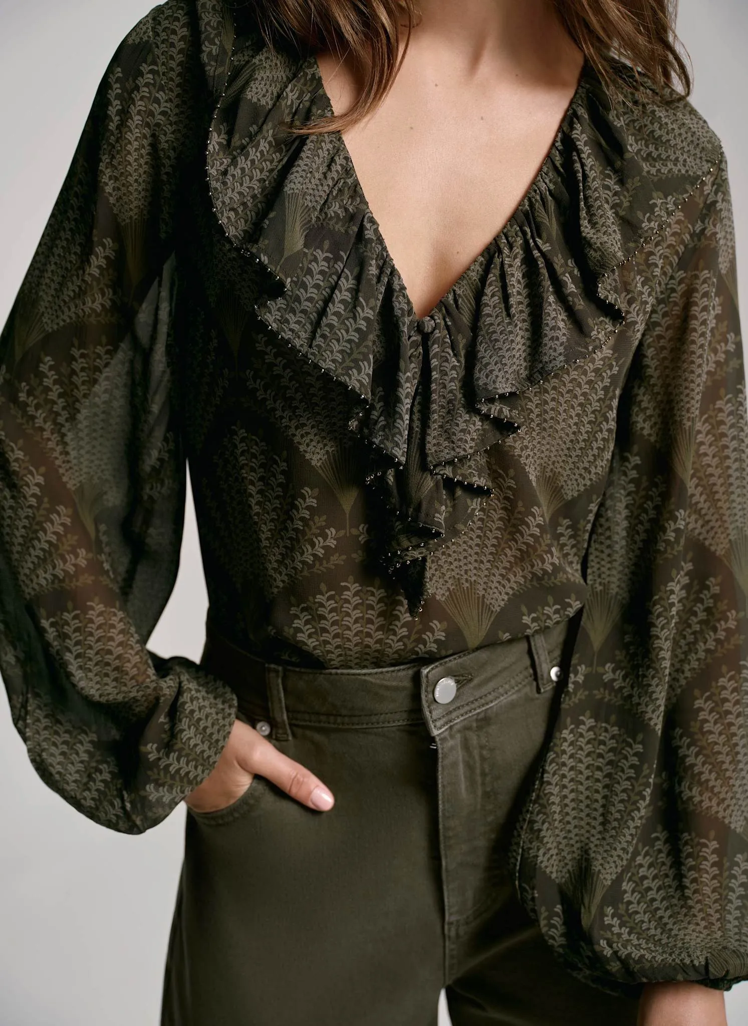 Khaki Printed Long Sleeve Blouse sold by Mint Velvet product image thumbnail 3