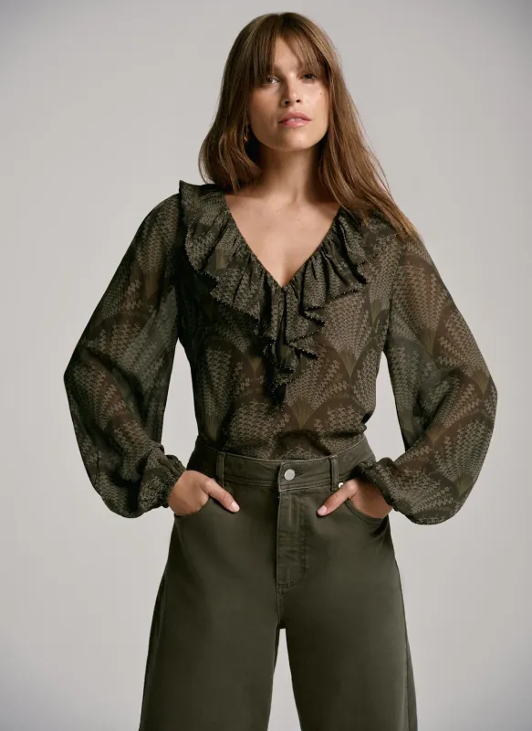Khaki Printed Long Sleeve Blouse sold by Mint Velvet