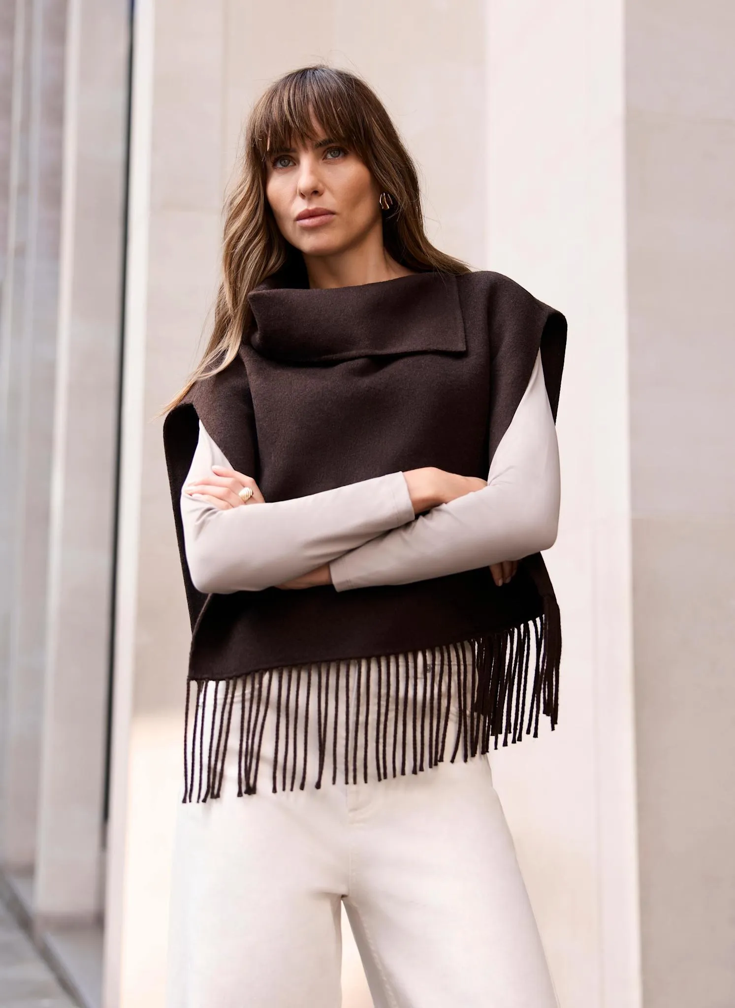 Brown Wool Blend Fringed Poncho sold by Mint Velvet