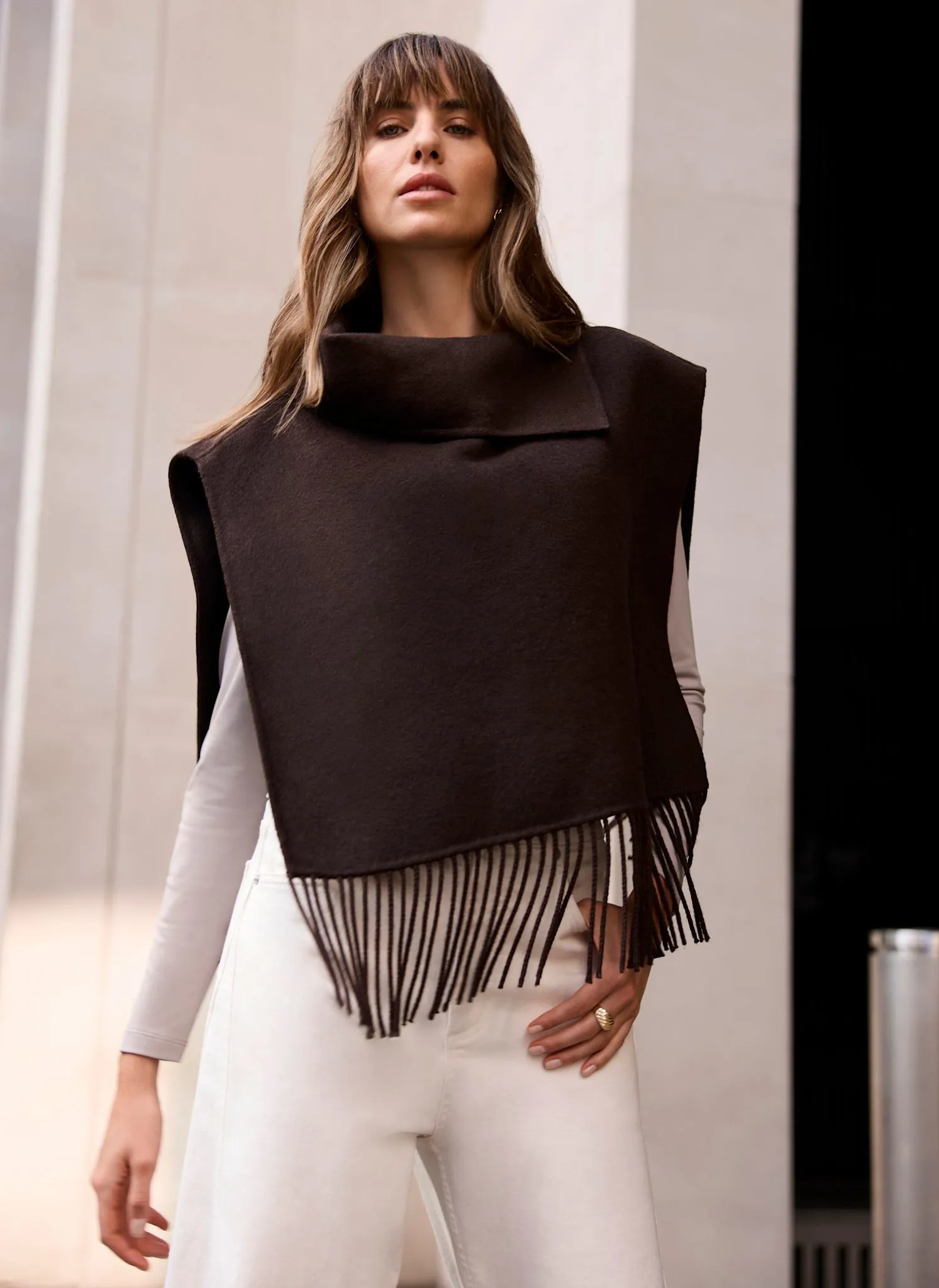 Brown Wool Blend Fringed Poncho sold by Mint Velvet product image thumbnail 2