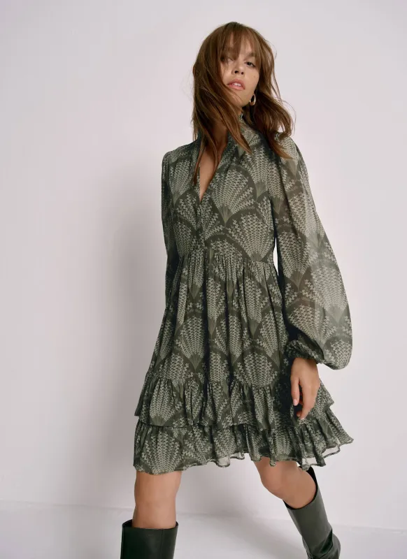 Khaki Printed Long Sleeve Mini Dress sold by Mint Velvet