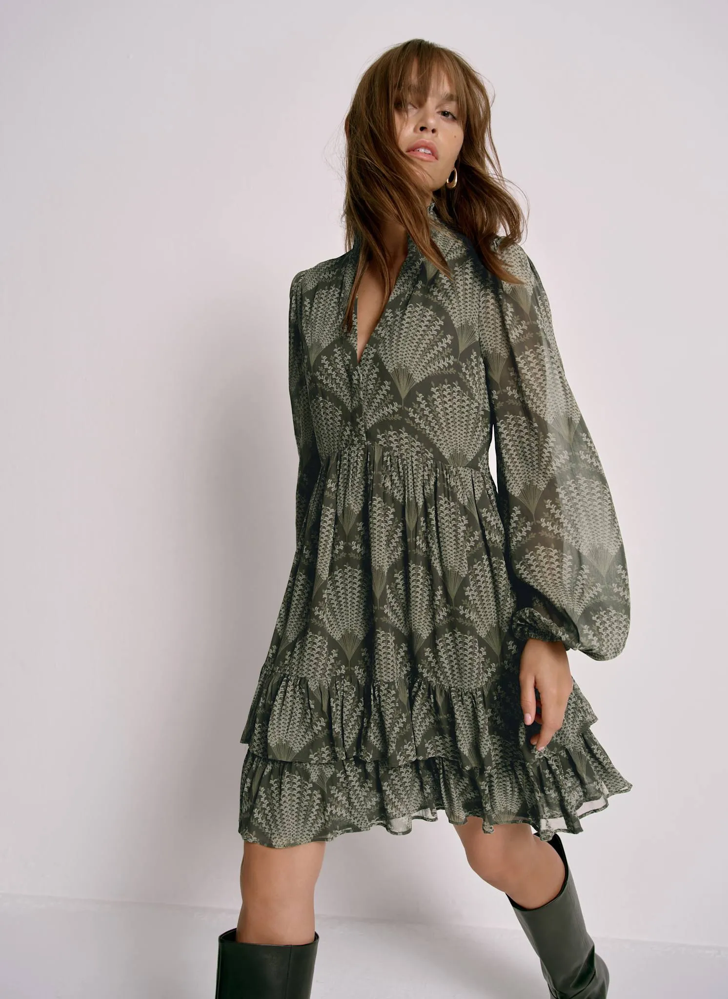 Khaki Printed Long Sleeve Mini Dress sold by Mint Velvet
