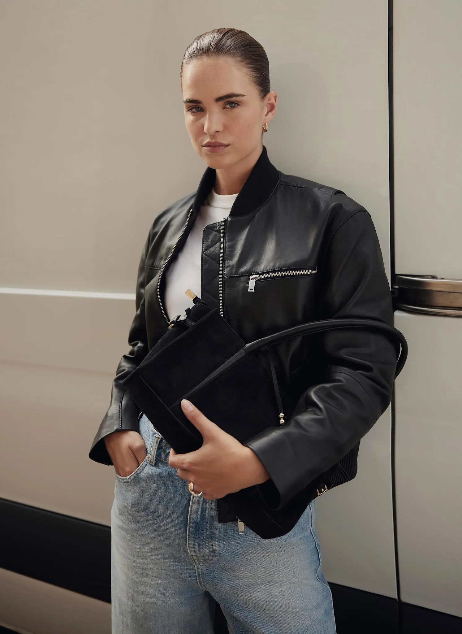 Black Leather Bomber Jacket sold by Mint Velvet product image thumbnail 3
