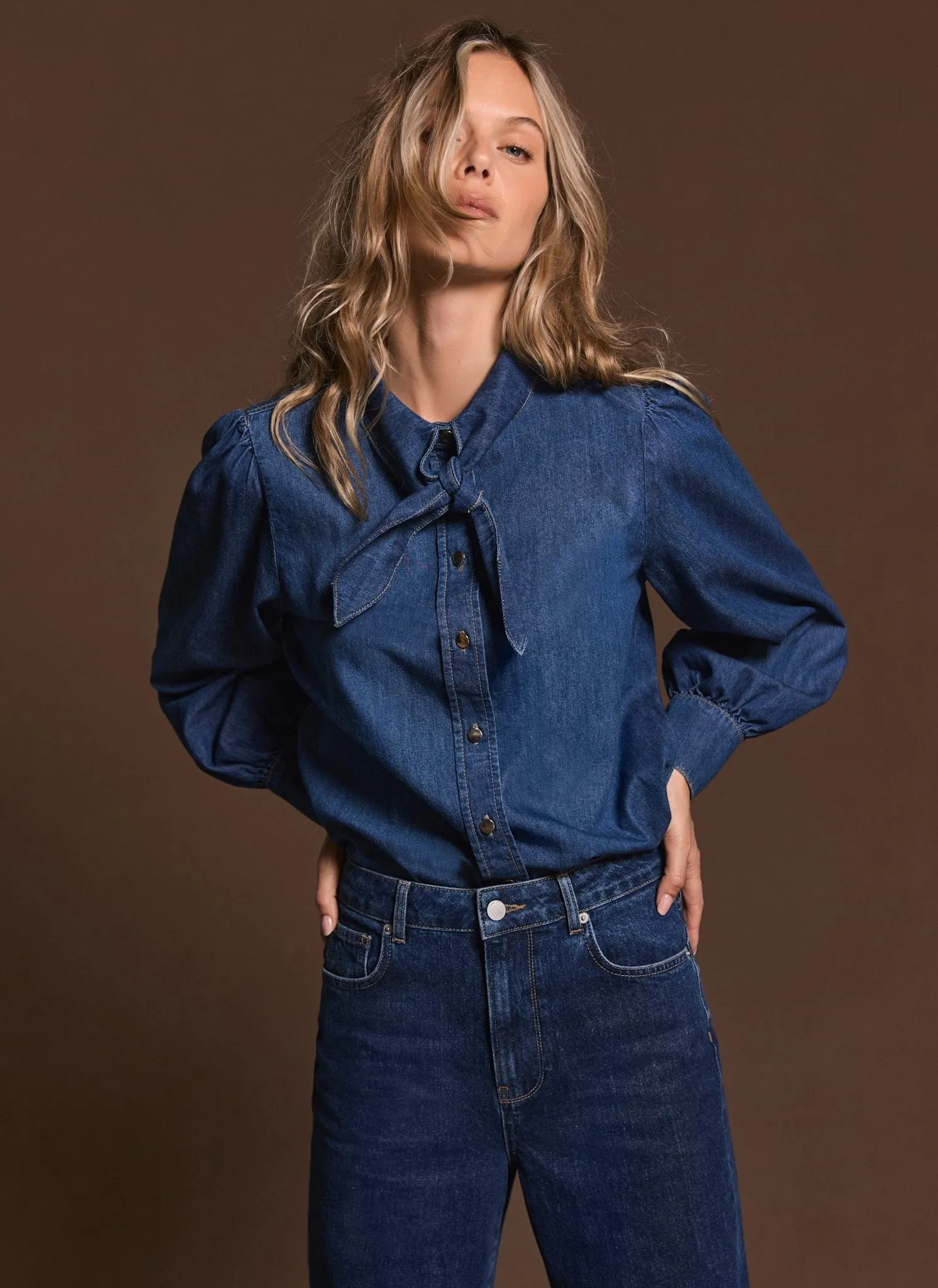 Indigo Tie Neck Denim Shirt sold by Mint Velvet product image thumbnail 5