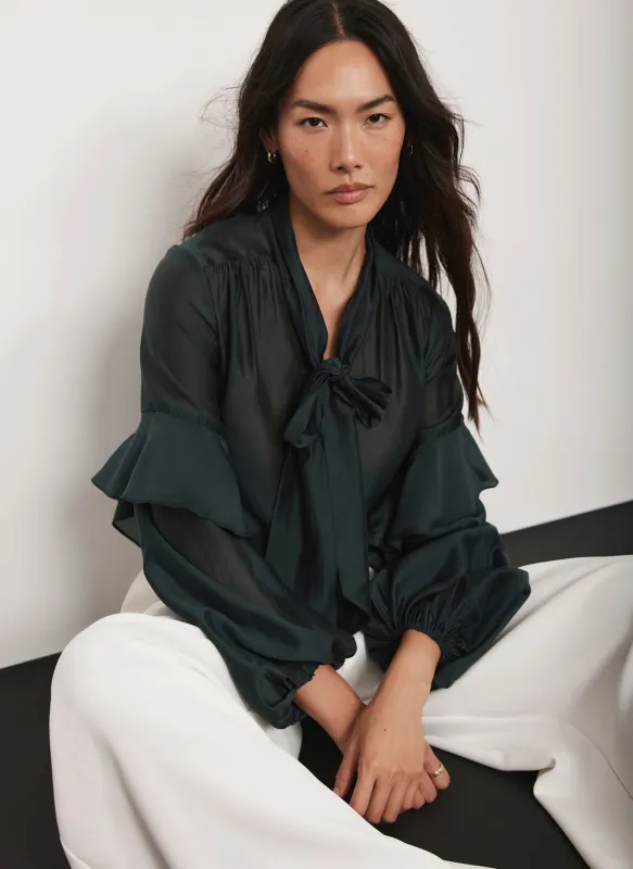 Green Pussy Bow Ruffle Blouse sold by Mint Velvet