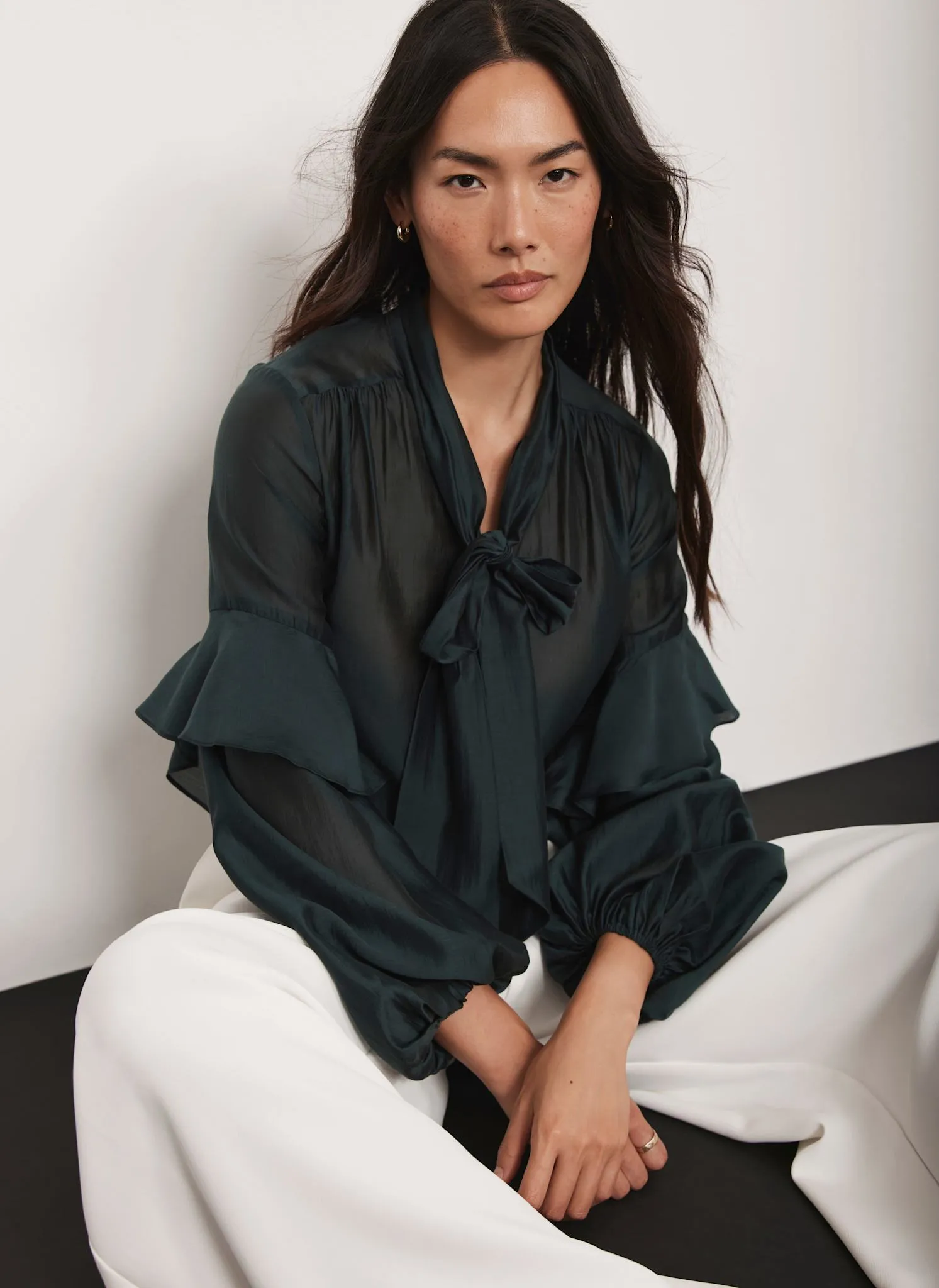 Green Pussy Bow Ruffle Blouse sold by Mint Velvet