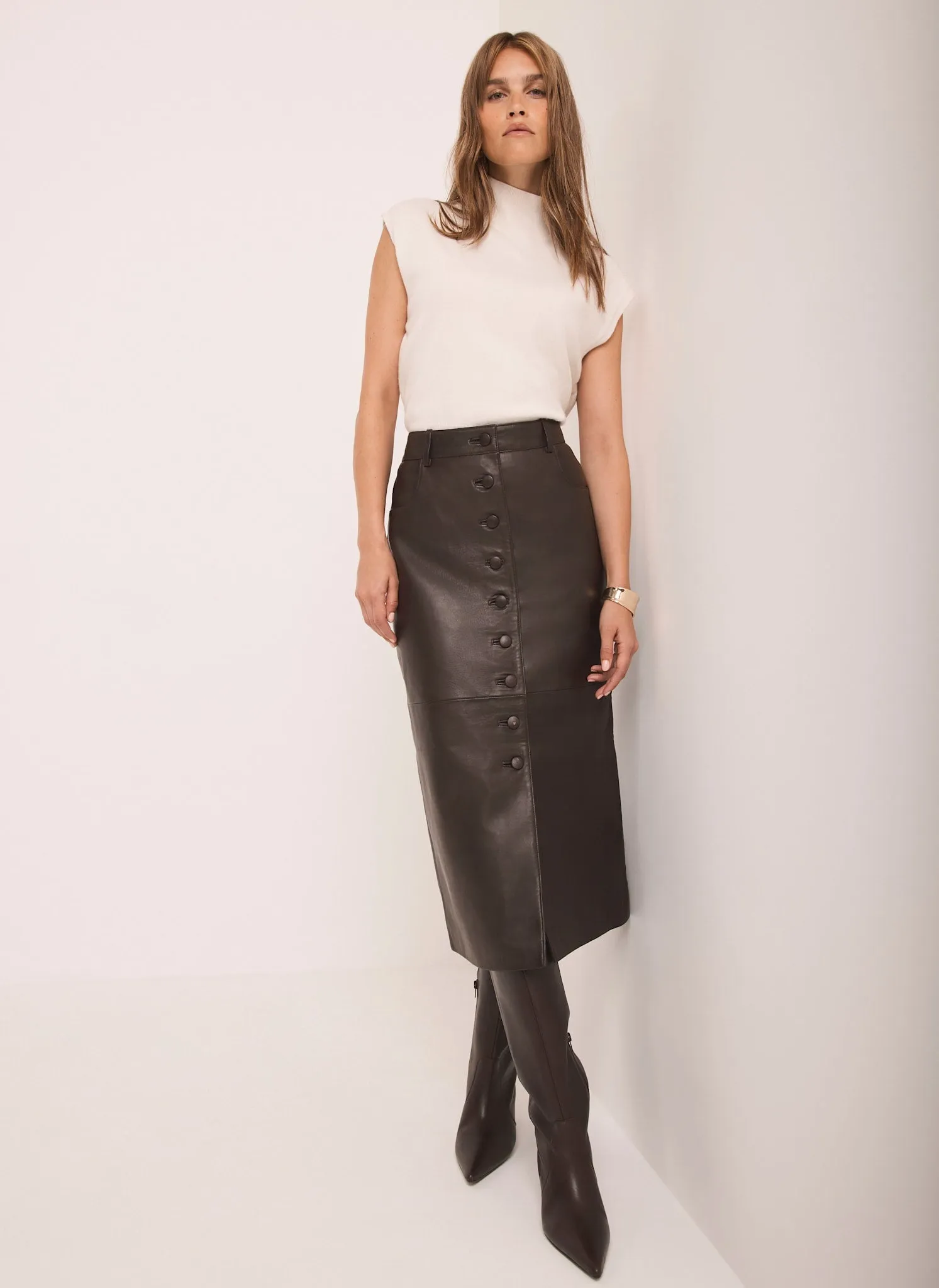 Brown Leather Midi Skirt sold by Mint Velvet