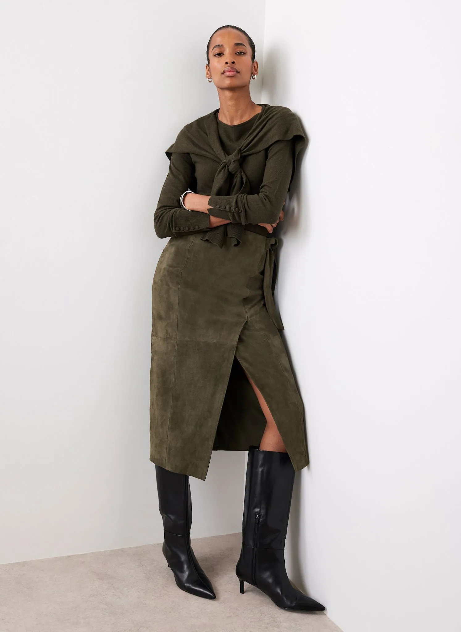 Khaki Suede Midi Skirt sold by Mint Velvet