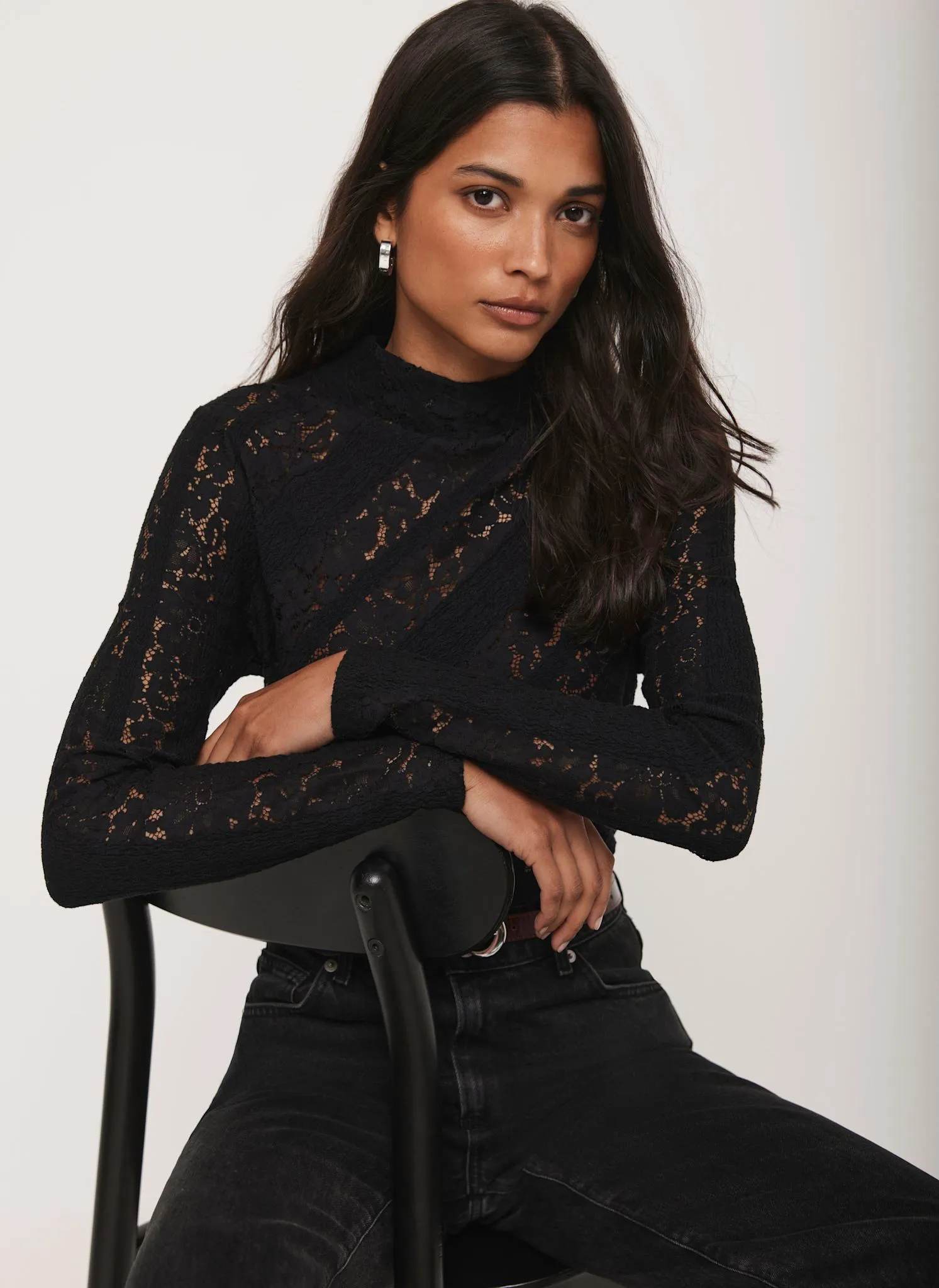 Black Lace High Neck Top sold by Mint Velvet