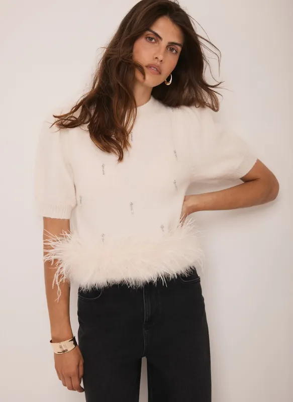 Cream Embellished Feather Trim Knit Top sold by Mint Velvet