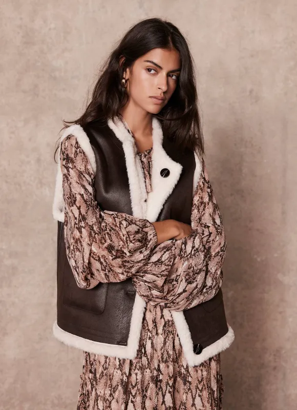 Brown Bonded Reversible Collarless Gilet sold by Mint Velvet