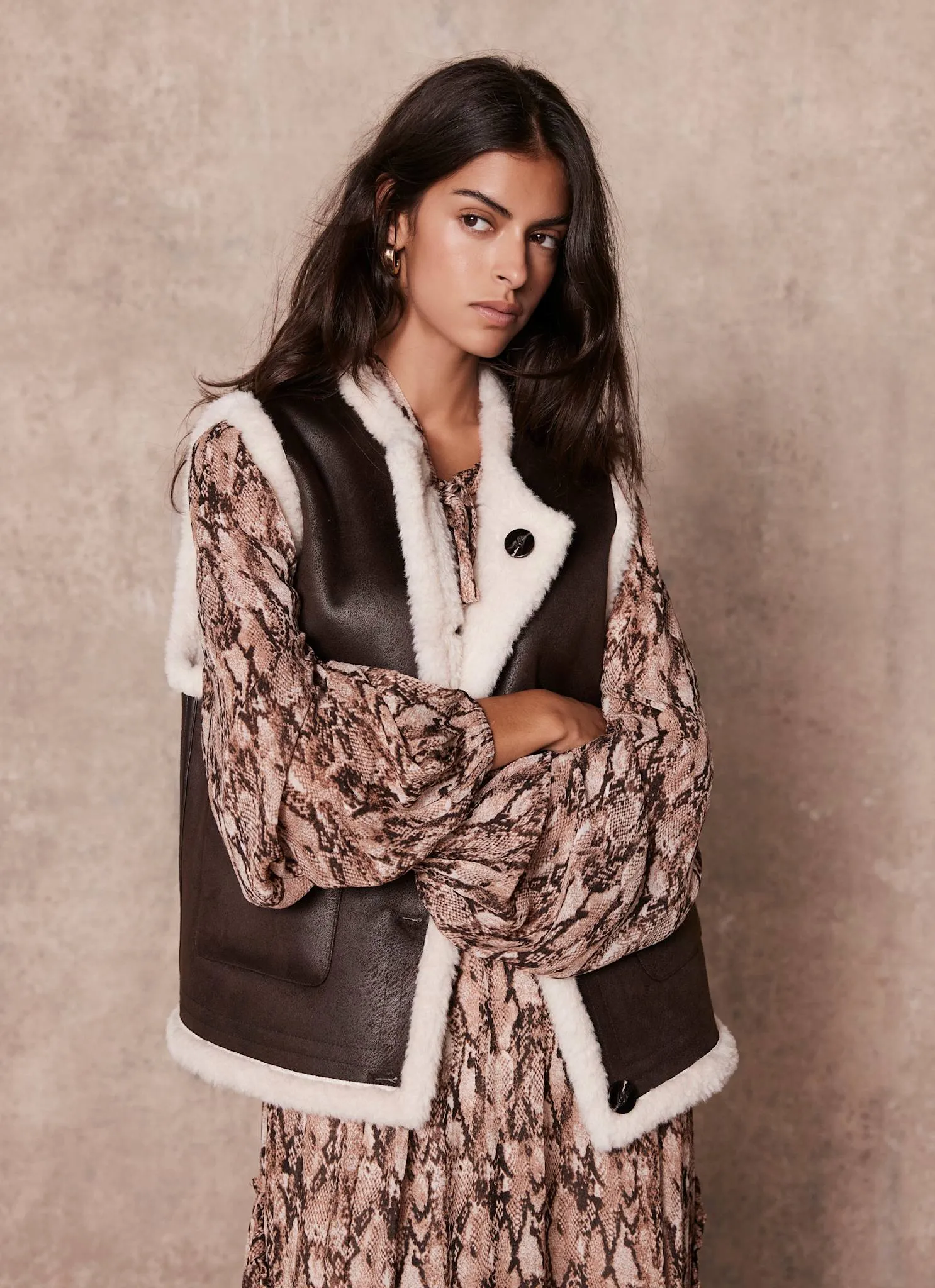 Brown Bonded Reversible Collarless Gilet sold by Mint Velvet