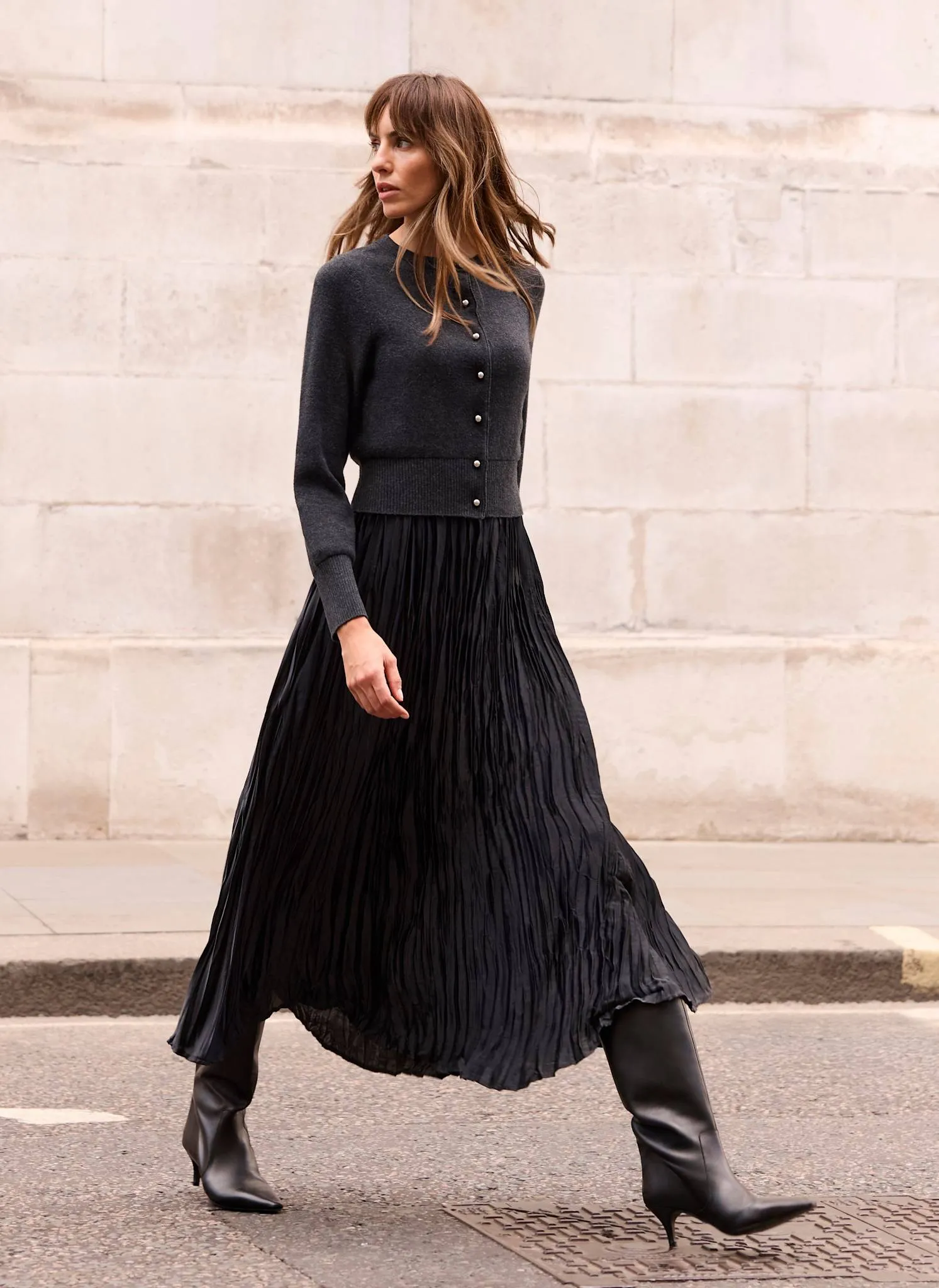 Grey Cardigan Layered Midi Dress sold by Mint Velvet