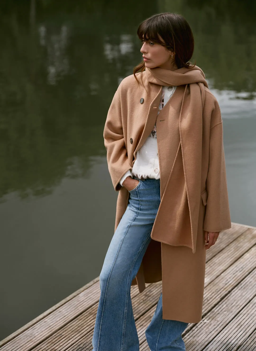 Tan Wool Blend Hand Finished Scarf Coat sold by Mint Velvet