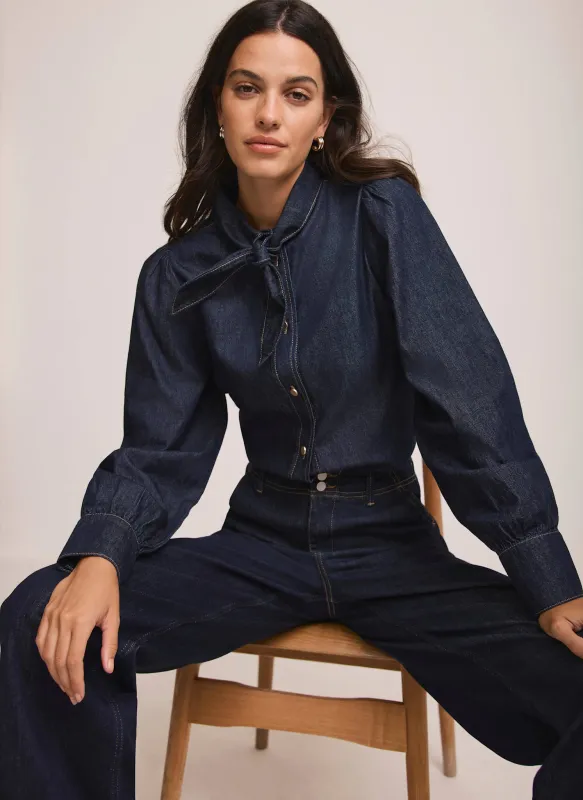 Dark Indigo Tie Neck Denim Shirt sold by Mint Velvet
