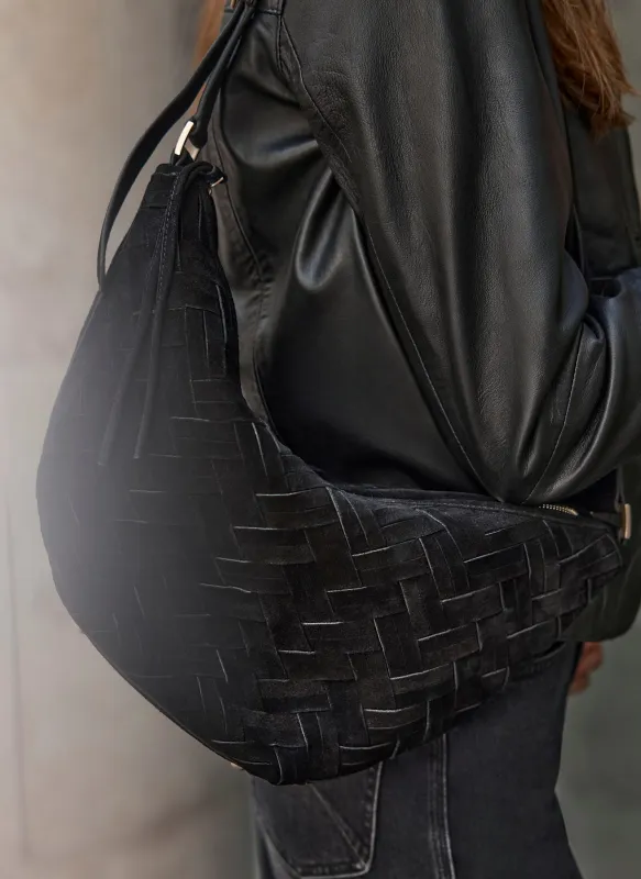 Stevie Black Suede Woven Sling Bag sold by Mint Velvet