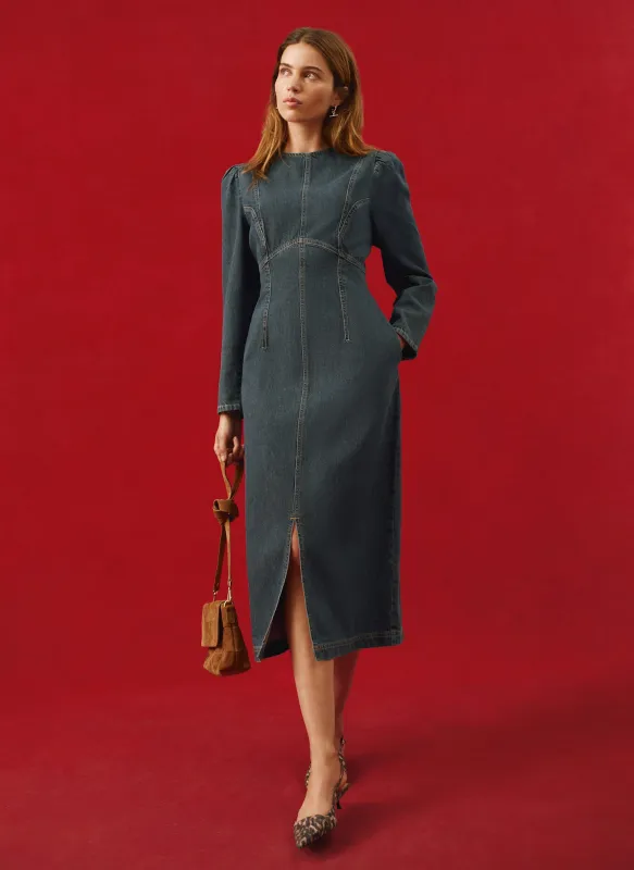 Dark Indigo Denim Puff Sleeve Midi Dress sold by Mint Velvet