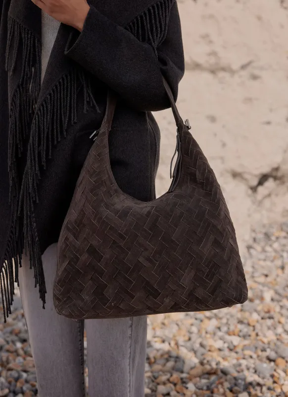 May Grey Woven Suede Shoulder Bag sold by Mint Velvet