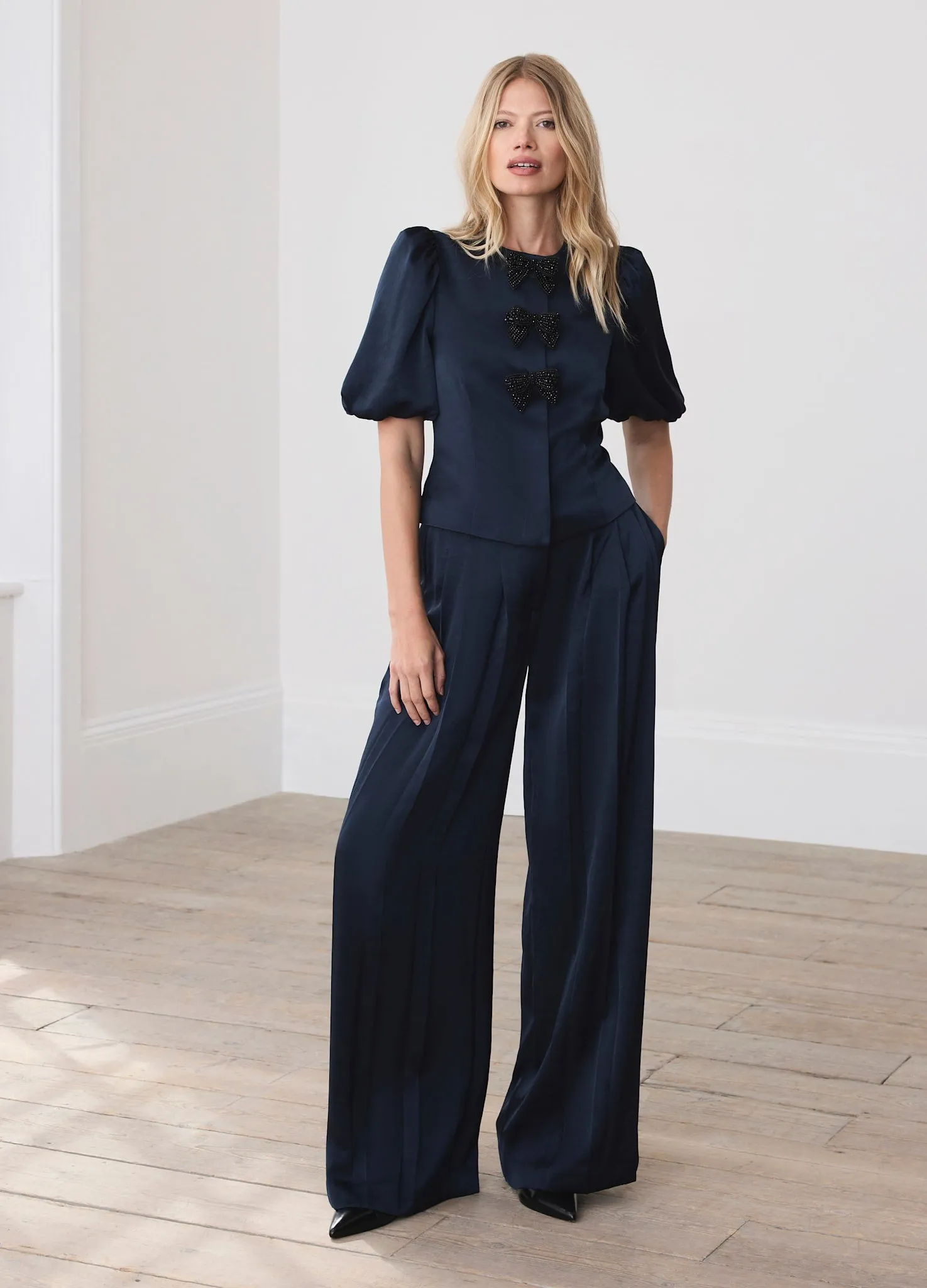 Navy Satin Pleat Detail Trousers sold by Mint Velvet product image thumbnail 2