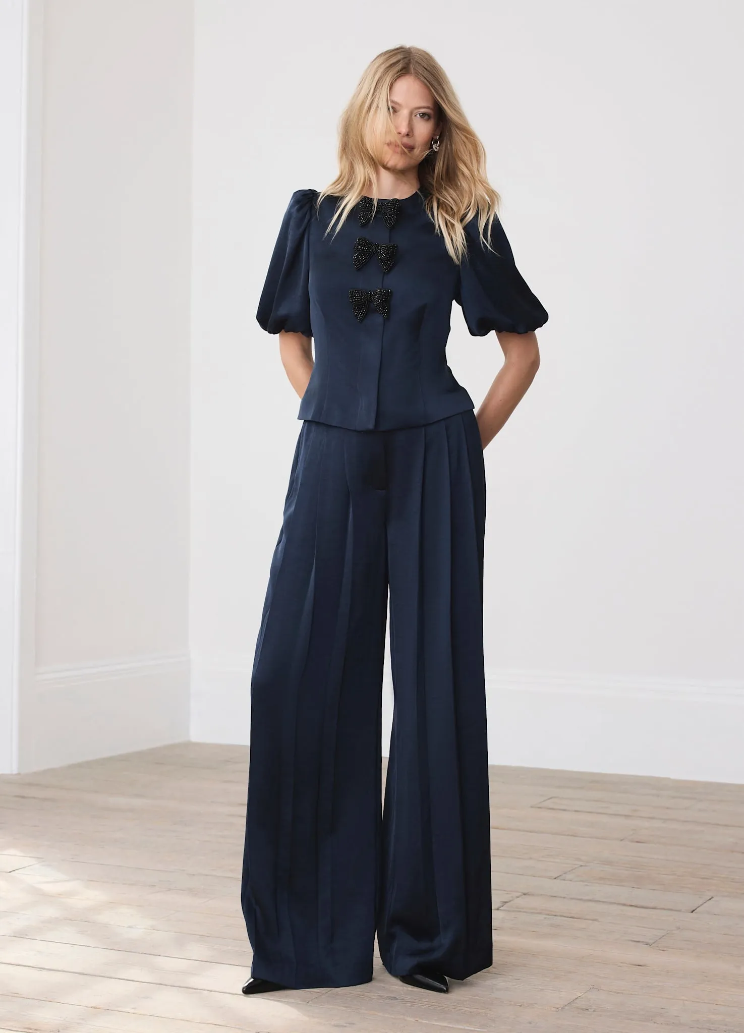 Navy Satin Pleat Detail Trousers sold by Mint Velvet