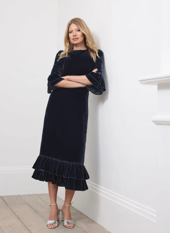 Navy Velvet Ruffle Midi Dress sold by Mint Velvet
