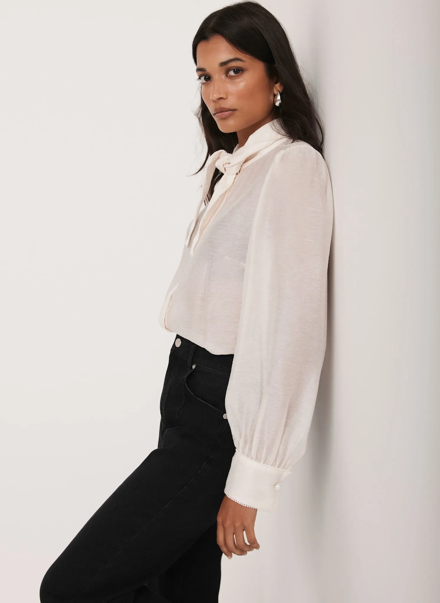 Cream Pearl Trim Tie Neck Blouse sold by Mint Velvet product image thumbnail 5