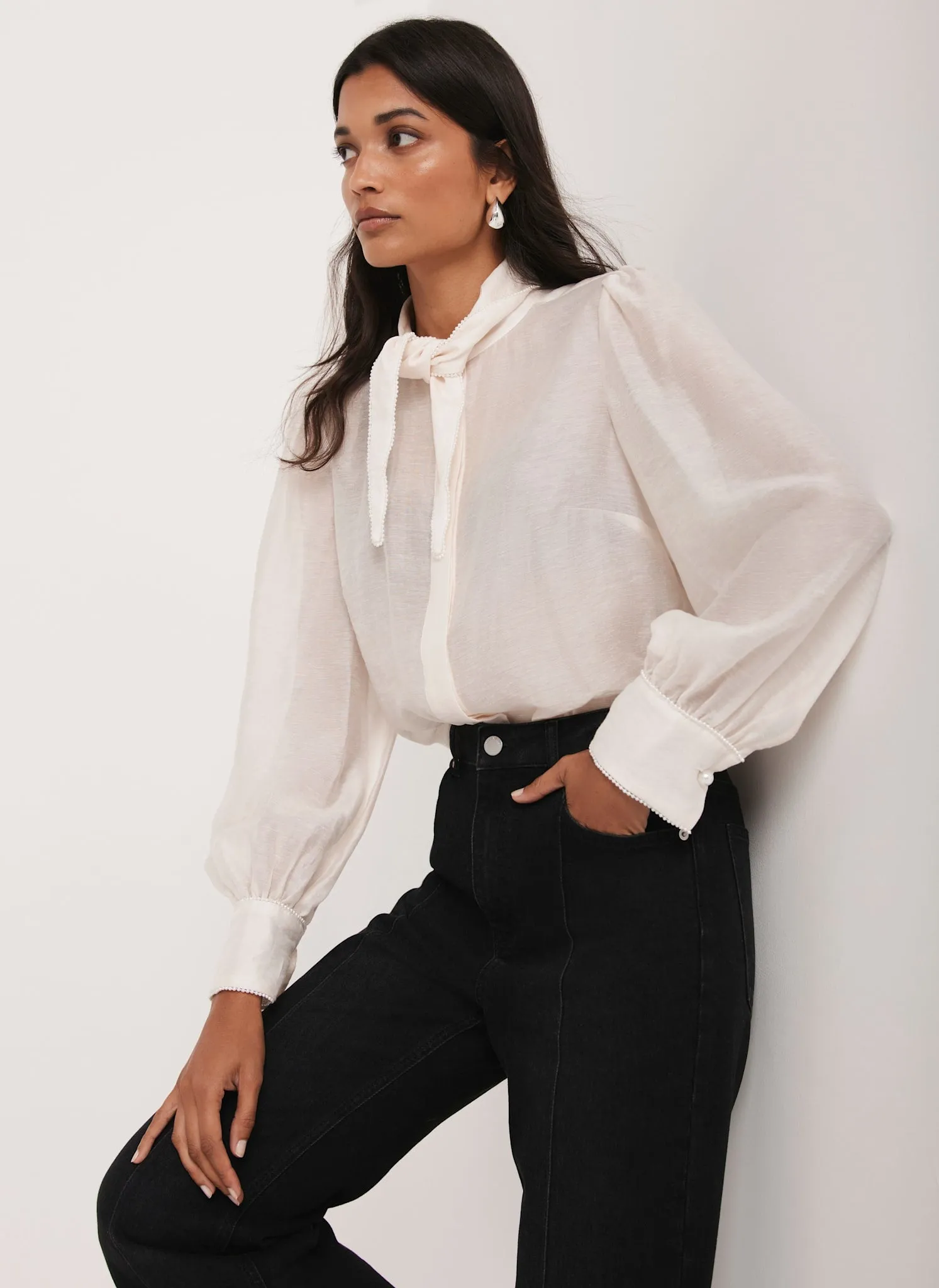 Cream Pearl Trim Tie Neck Blouse sold by Mint Velvet product image thumbnail 2