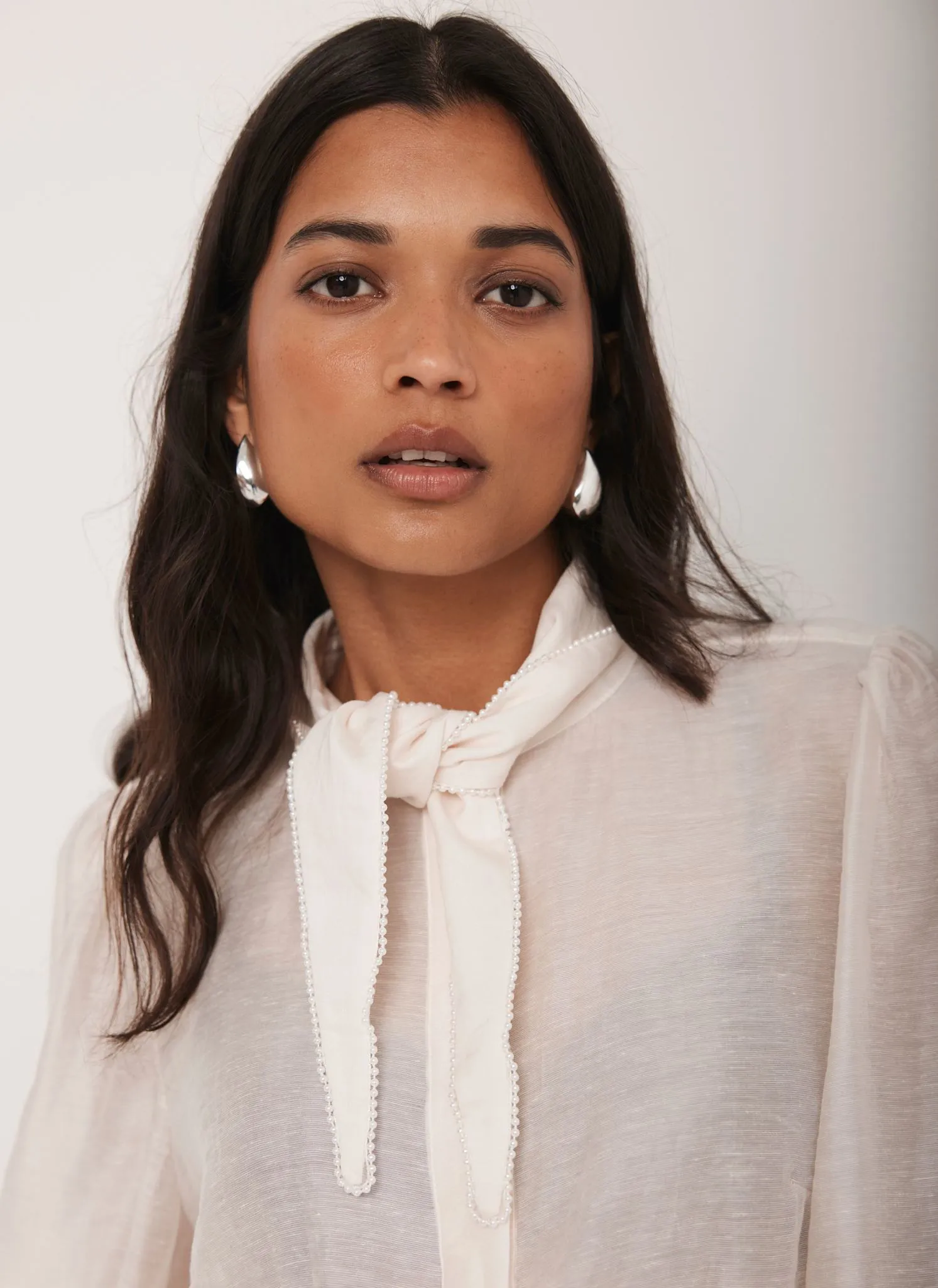 Cream Pearl Trim Tie Neck Blouse sold by Mint Velvet product image thumbnail 3