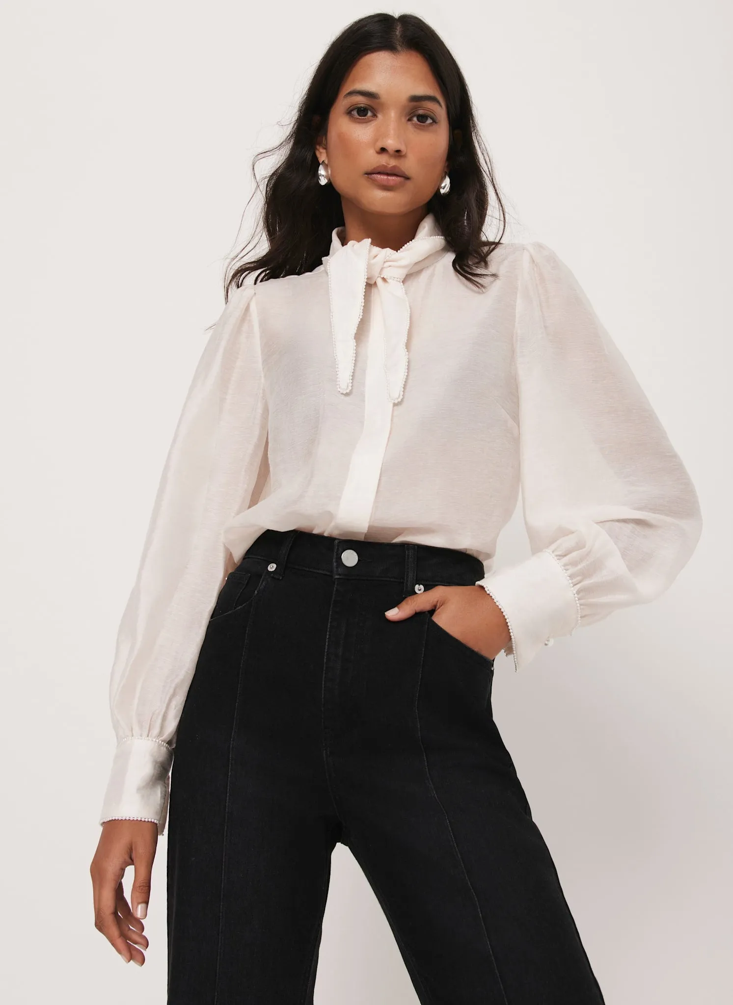 Cream Pearl Trim Tie Neck Blouse sold by Mint Velvet