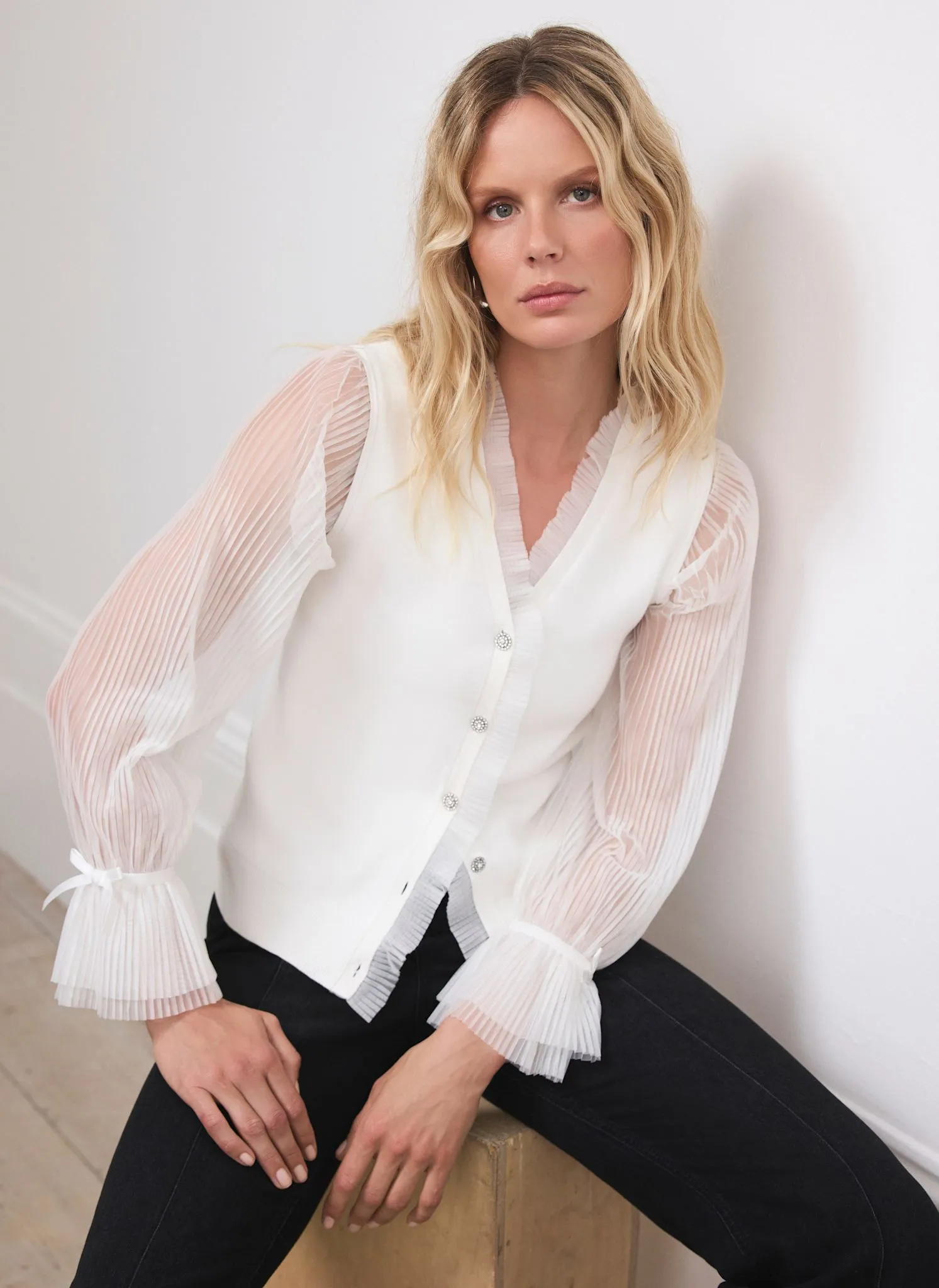 Cream Tulle Sleeve Cardigan sold by Mint Velvet