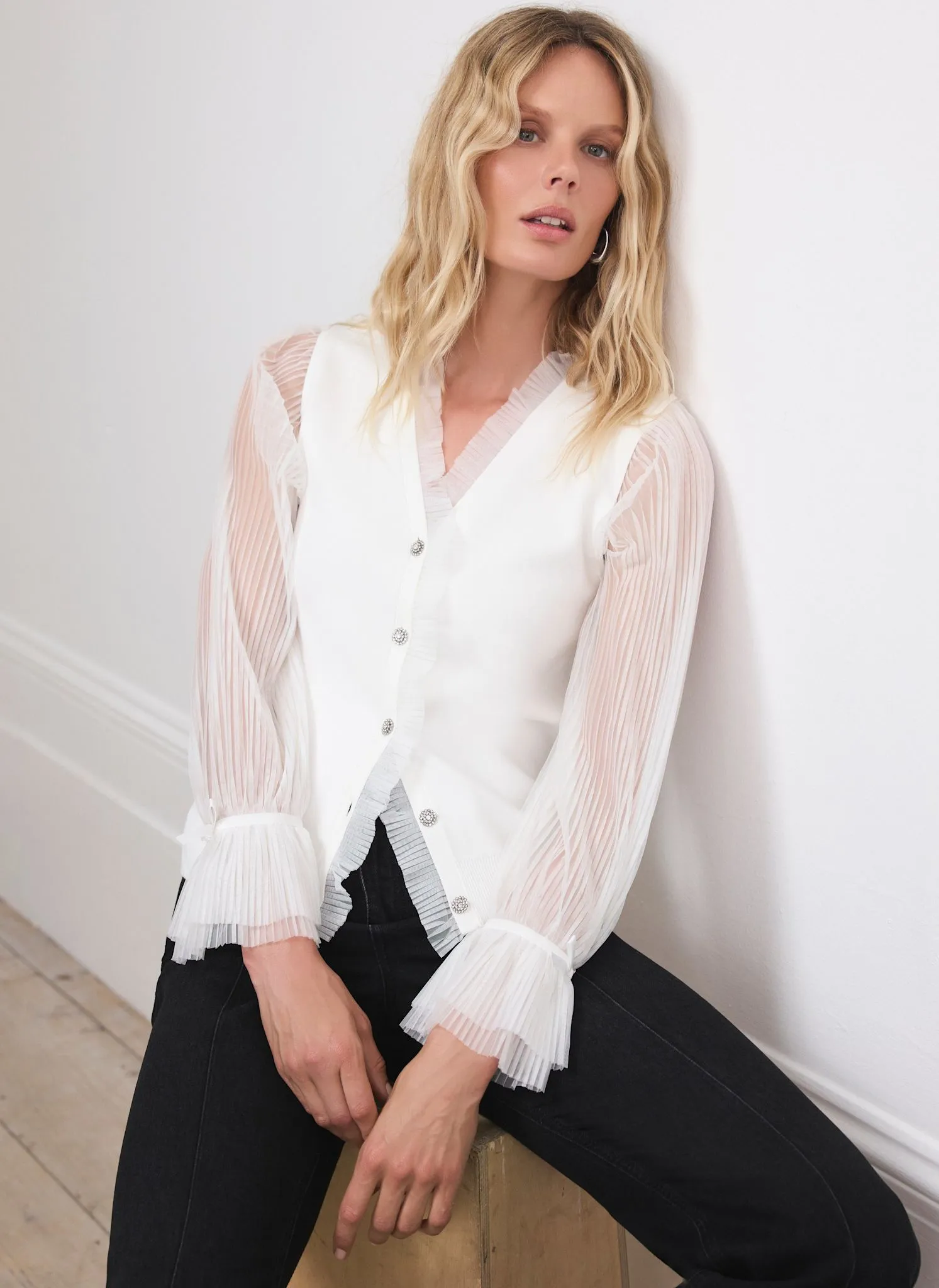 Cream Tulle Sleeve Cardigan sold by Mint Velvet product image thumbnail 3
