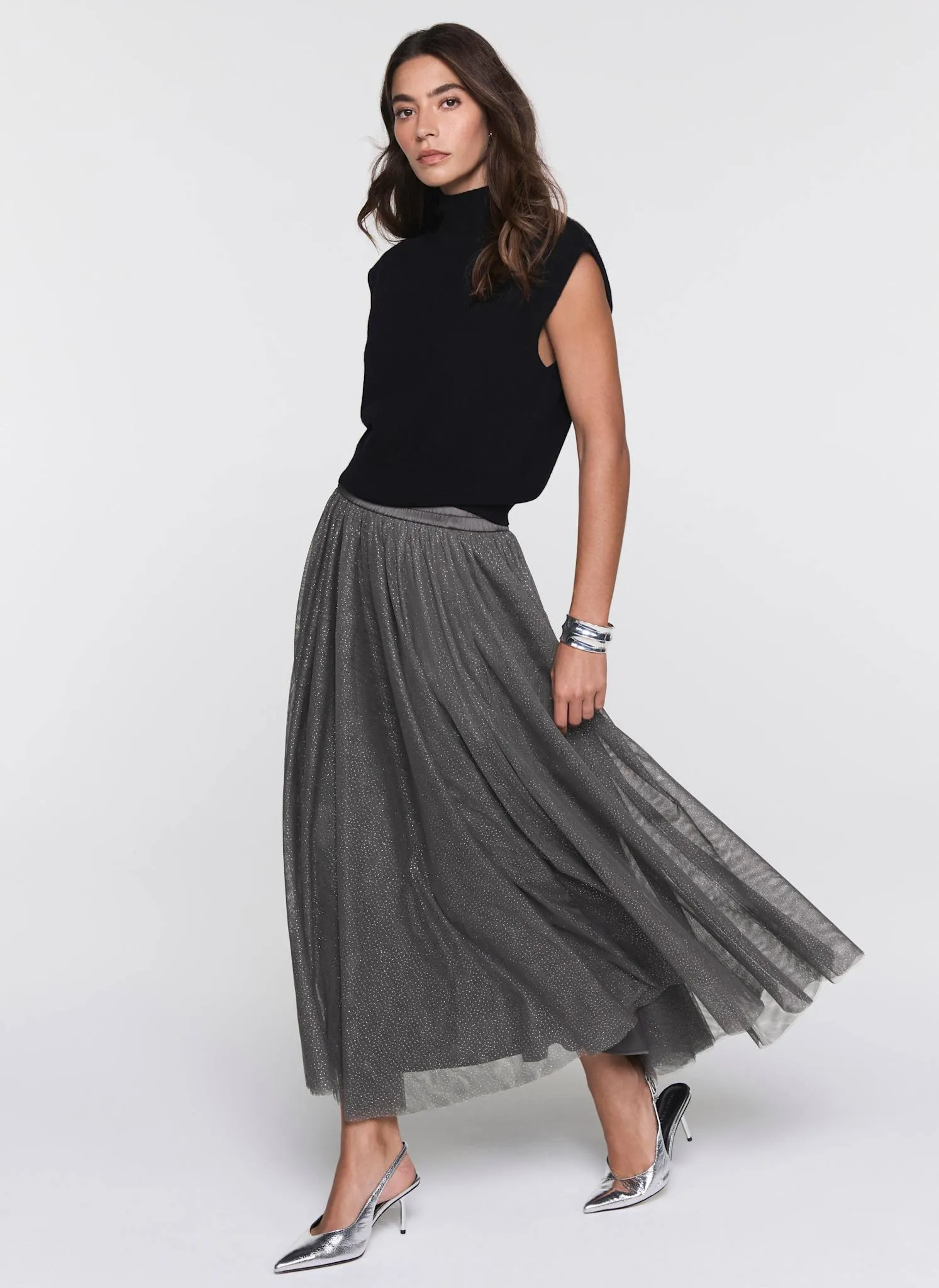 Grey Metallic Tulle Midi Skirt sold by Mint Velvet product image thumbnail 2