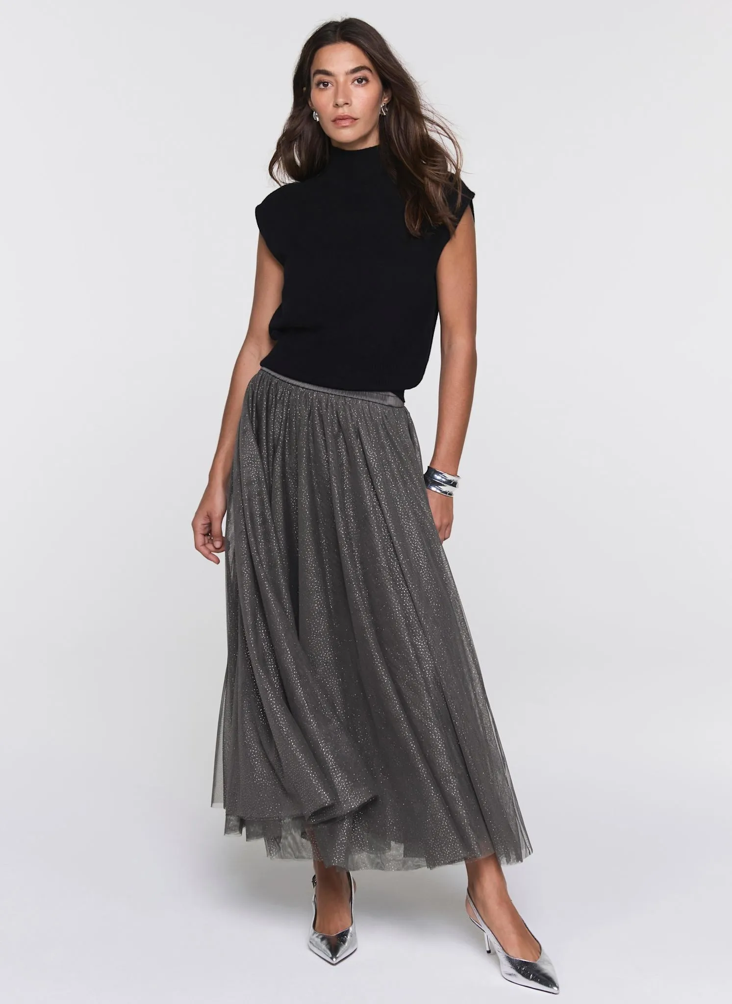 Grey Metallic Tulle Midi Skirt sold by Mint Velvet product image thumbnail 5