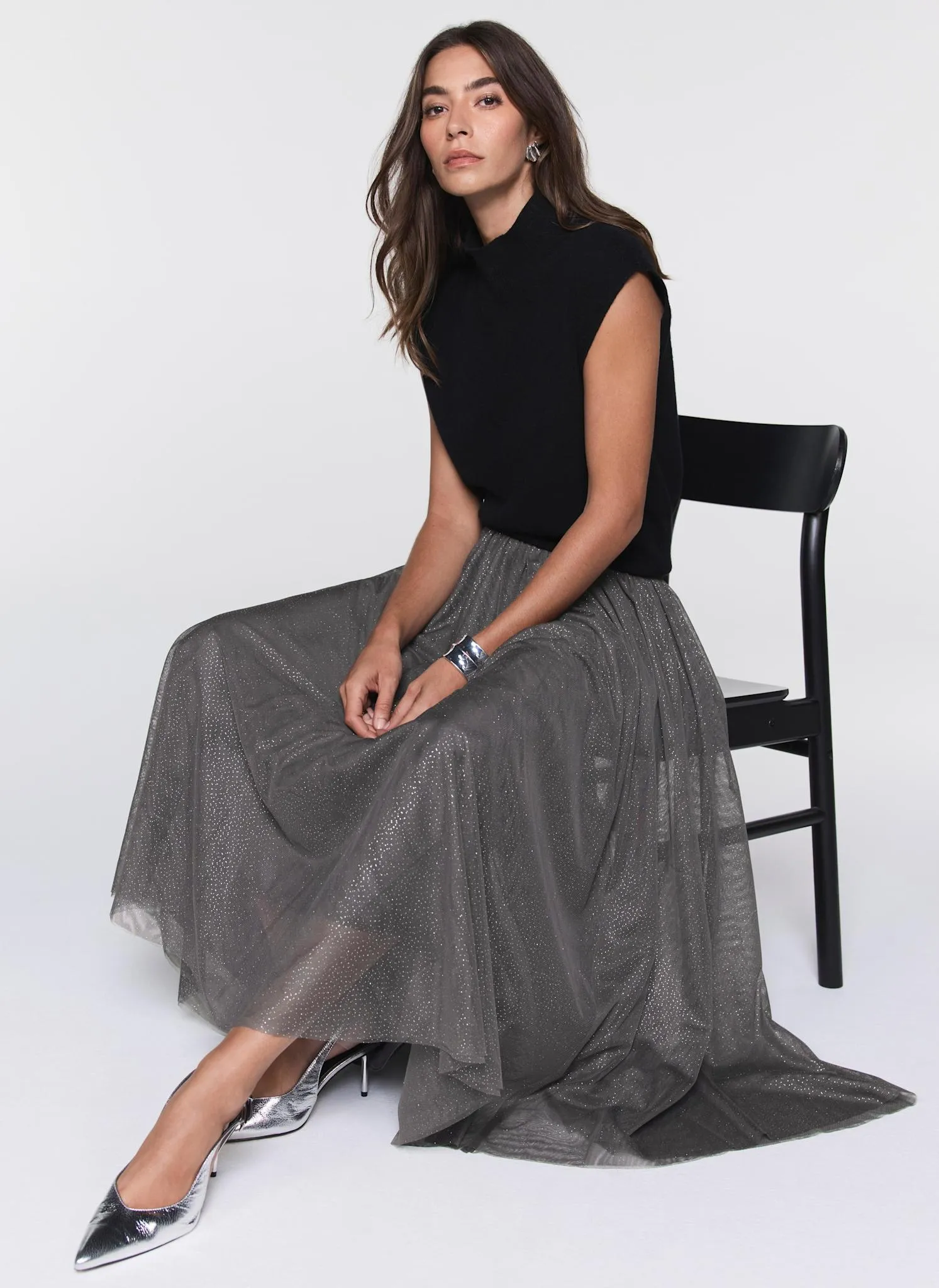 Grey Metallic Tulle Midi Skirt sold by Mint Velvet
